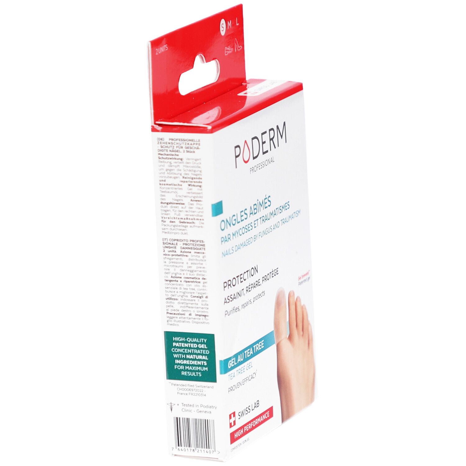 Seitenansicht der PODERM PROF Verpackung. Text: Ongles abîmés, Protection, Gel au Tea Tree. Swiss Lab. Größenangaben.