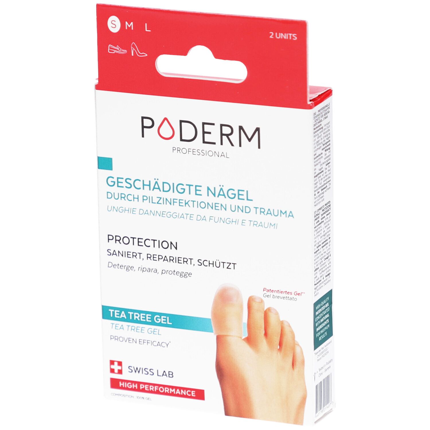 Verpackung von PODERM PROF. Text: Geschädigte Nägel, Protection, Tea Tree Gel. Swiss Lab. 2 Einheiten.
