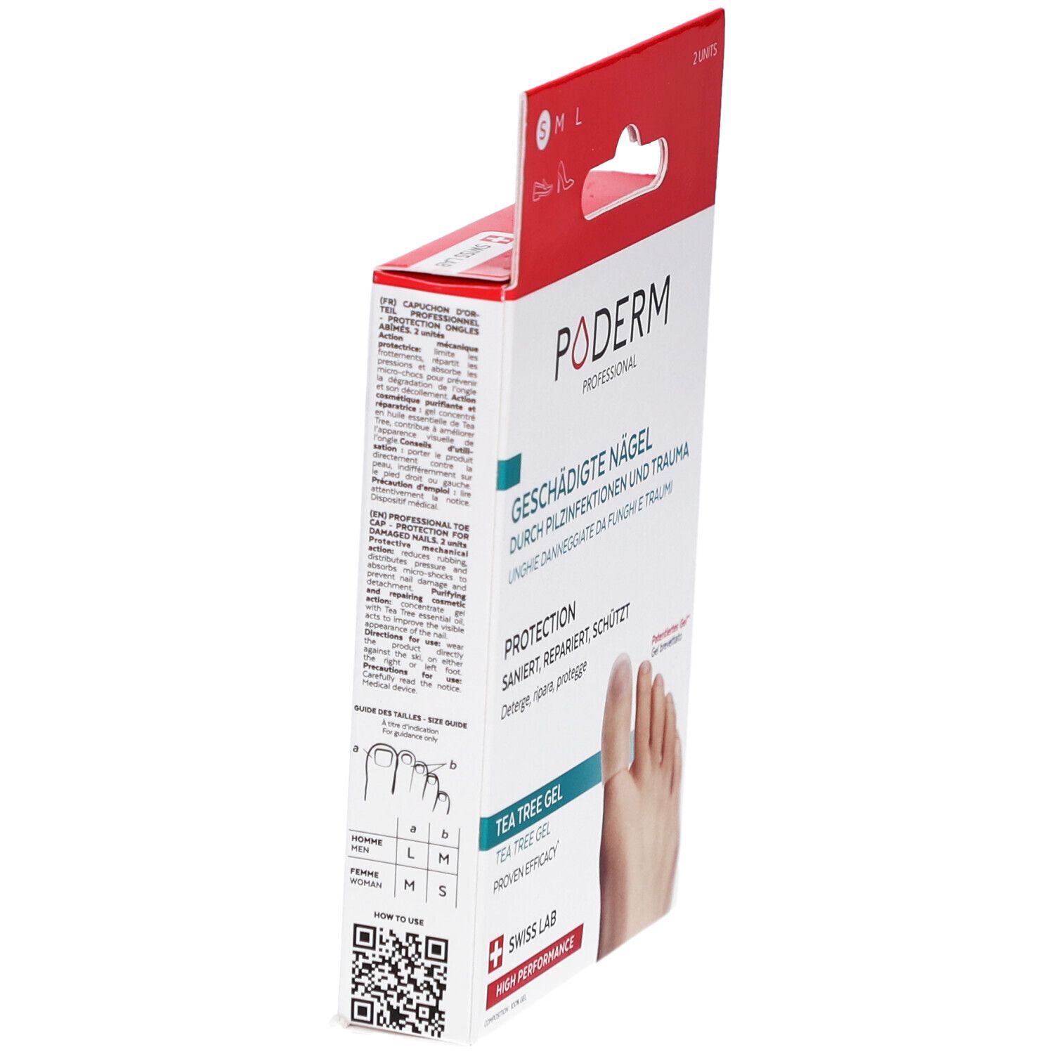 Seitenansicht der PODERM PROF Verpackung. Text: Geschädigte Nägel, Protection, Tea Tree Gel. Größenangaben.