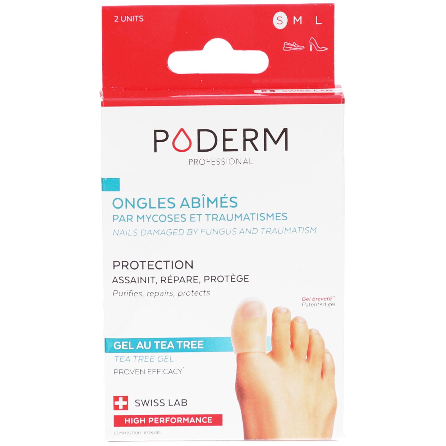 Verpackung von PODERM PROF. Text: Ongles abîmés, Protection, Gel au Tea Tree. Swiss Lab. 2 Einheiten.