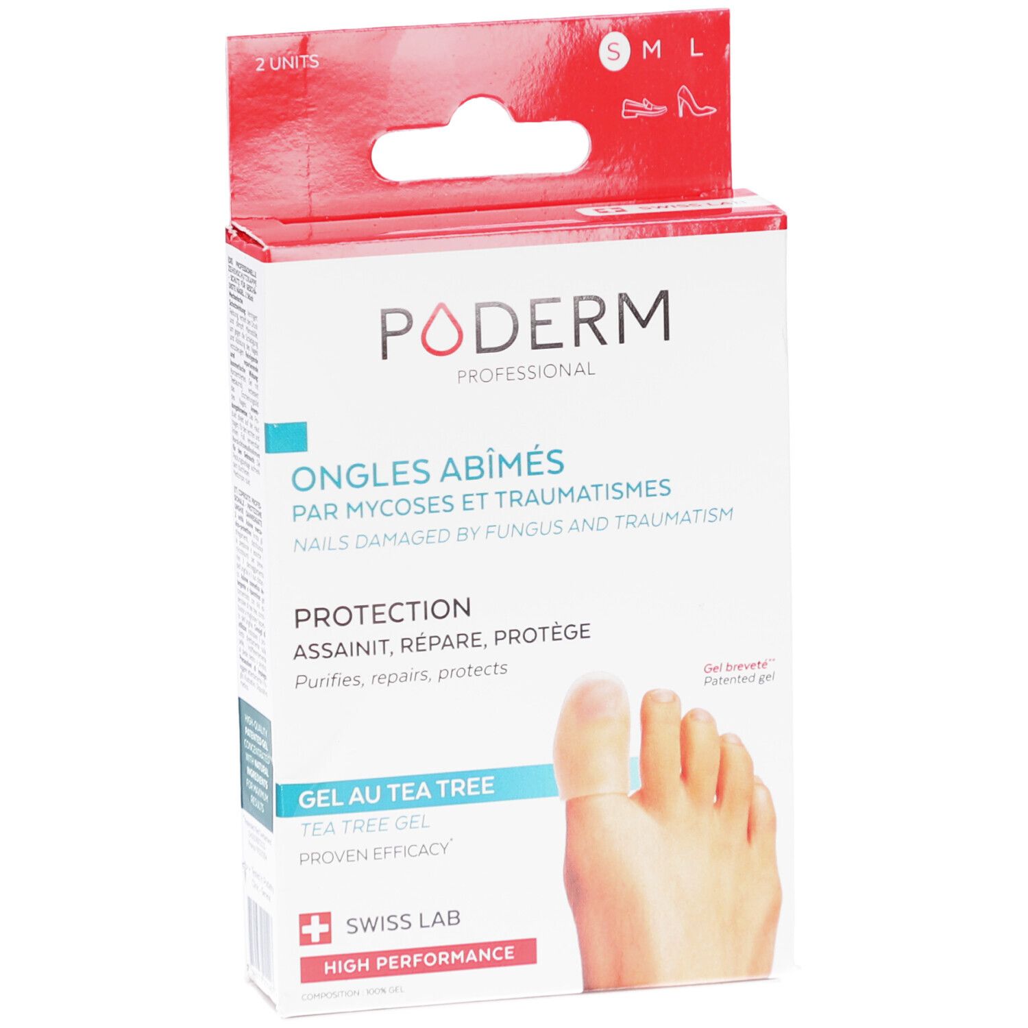 Verpackung von PODERM PROF. Text: Ongles abîmés, Protection, Gel au Tea Tree. Swiss Lab. 2 Einheiten.