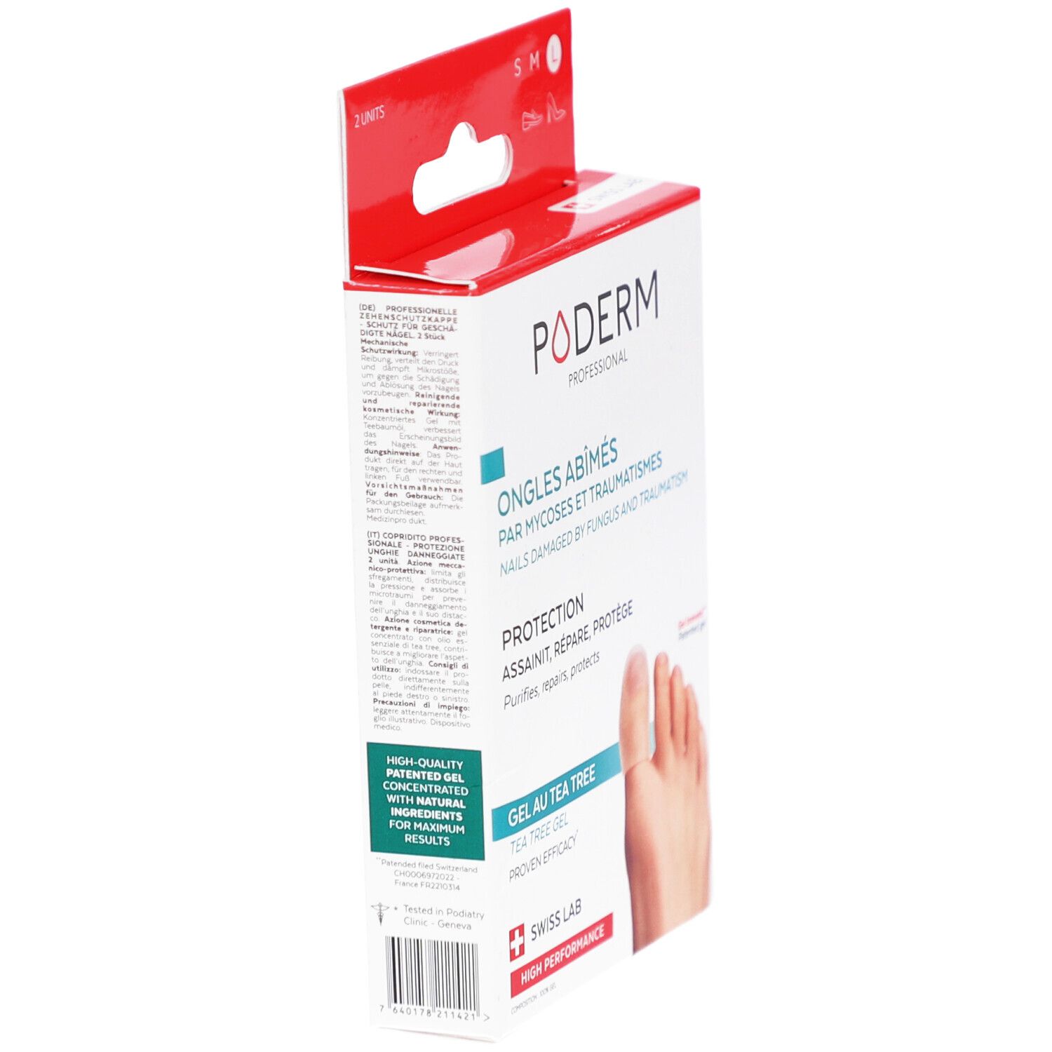 Poderm Professional Box für geschädigte Nägel mit Teebaumöl-Gel. Beschriftung: 'Ongles abîmés'.