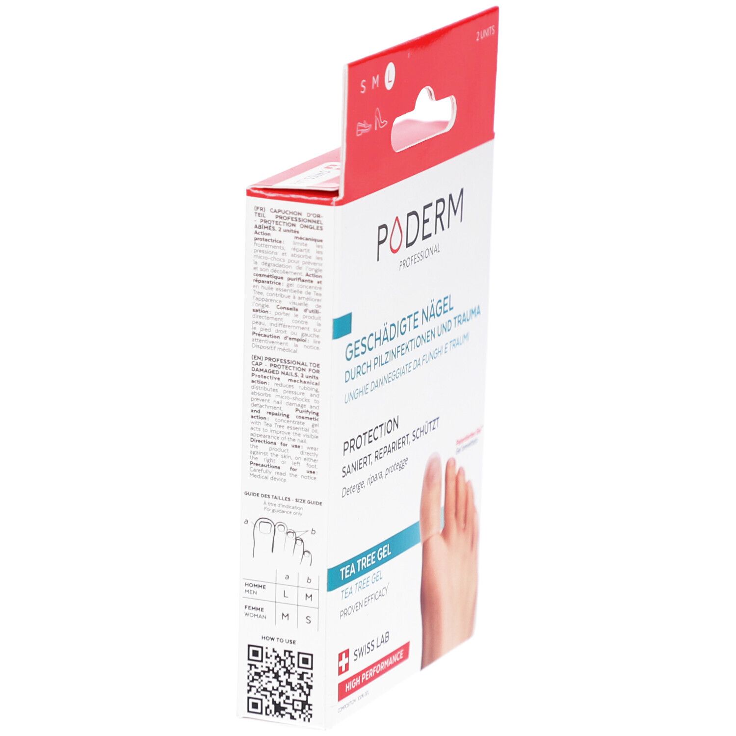 Poderm Professional Teebaumöl Gel Verpackung für geschädigte Nägel, mit Fußabbildung und Größenangaben.