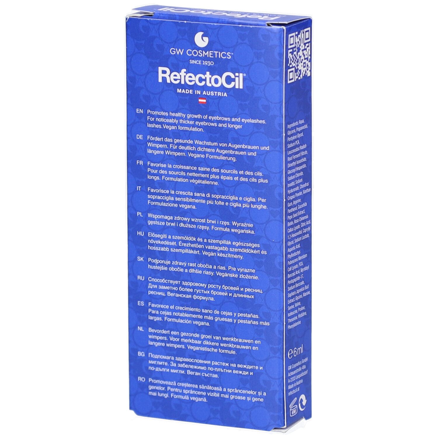 RefectoCil Kosmetikverpackung mit mehrsprachigen Produktinformationen und QR-Code.