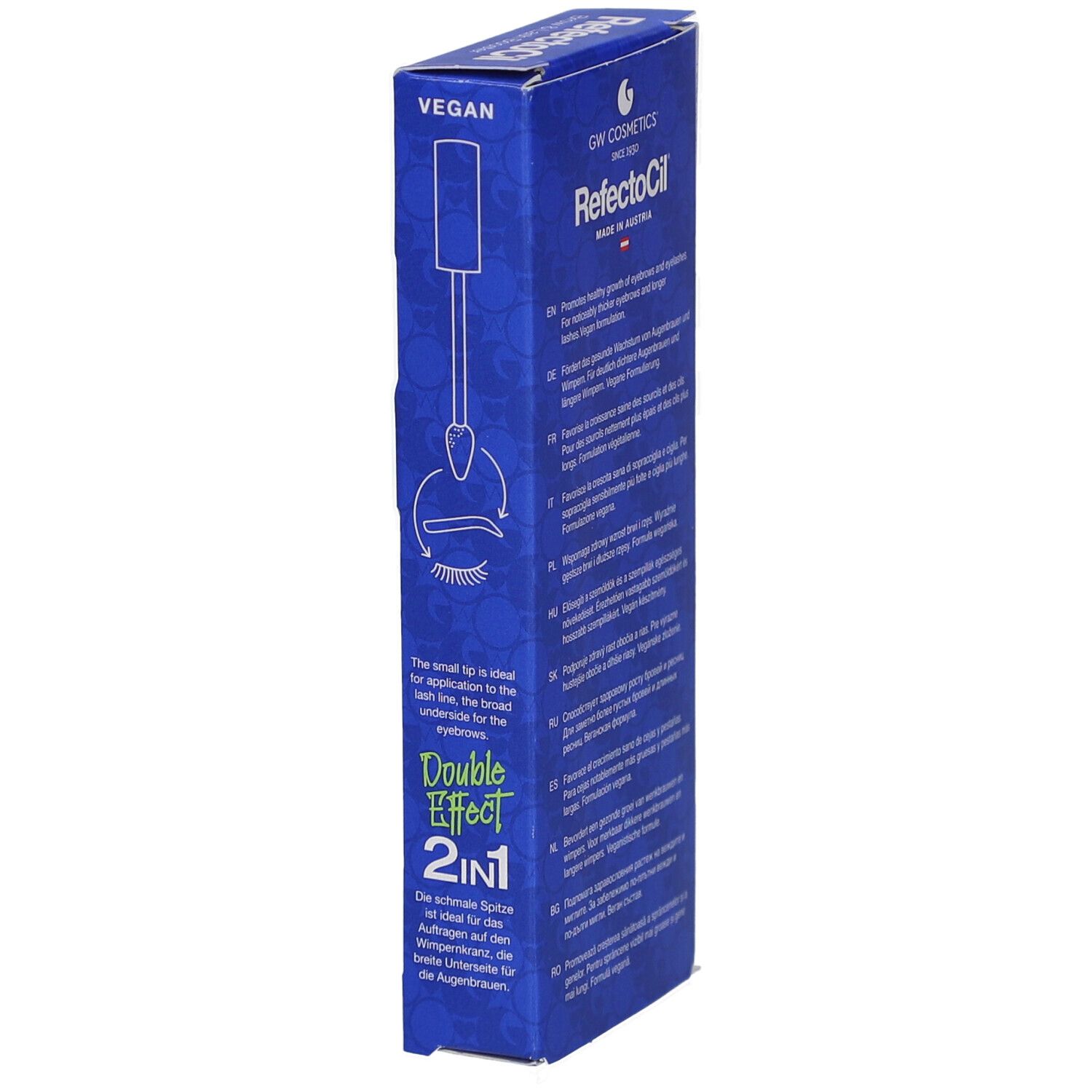 Blaue Verpackung für RefectoCil Double Effect 2in1. Zeigt Applikator und Augenbrauen-Illustration. Enthält Text zu Anwendung und Eigenschaften.