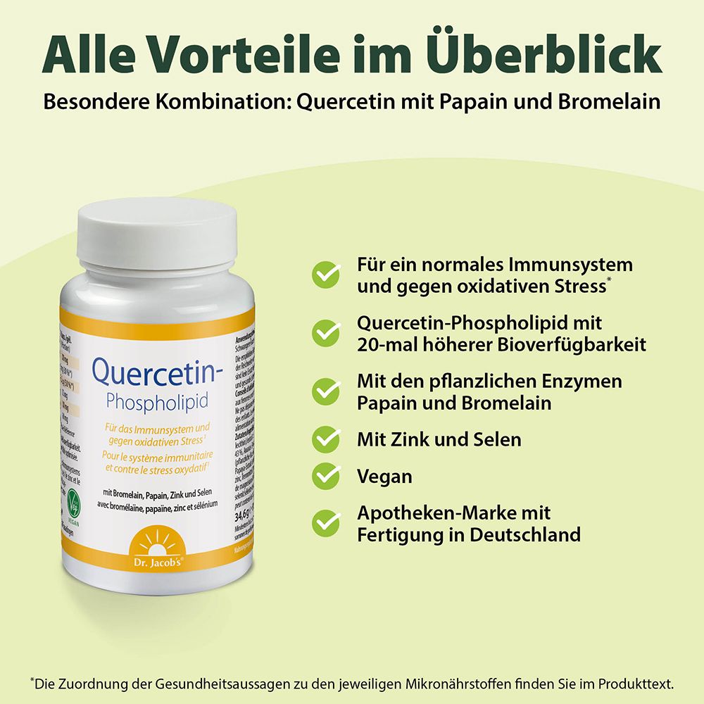 Flacon avec étiquette jaune et texte. Inscription : Quercétine-Phospholipide. Avantages : système immunitaire, stress oxydatif, végétalien. Marque : Dr. Jacob's.