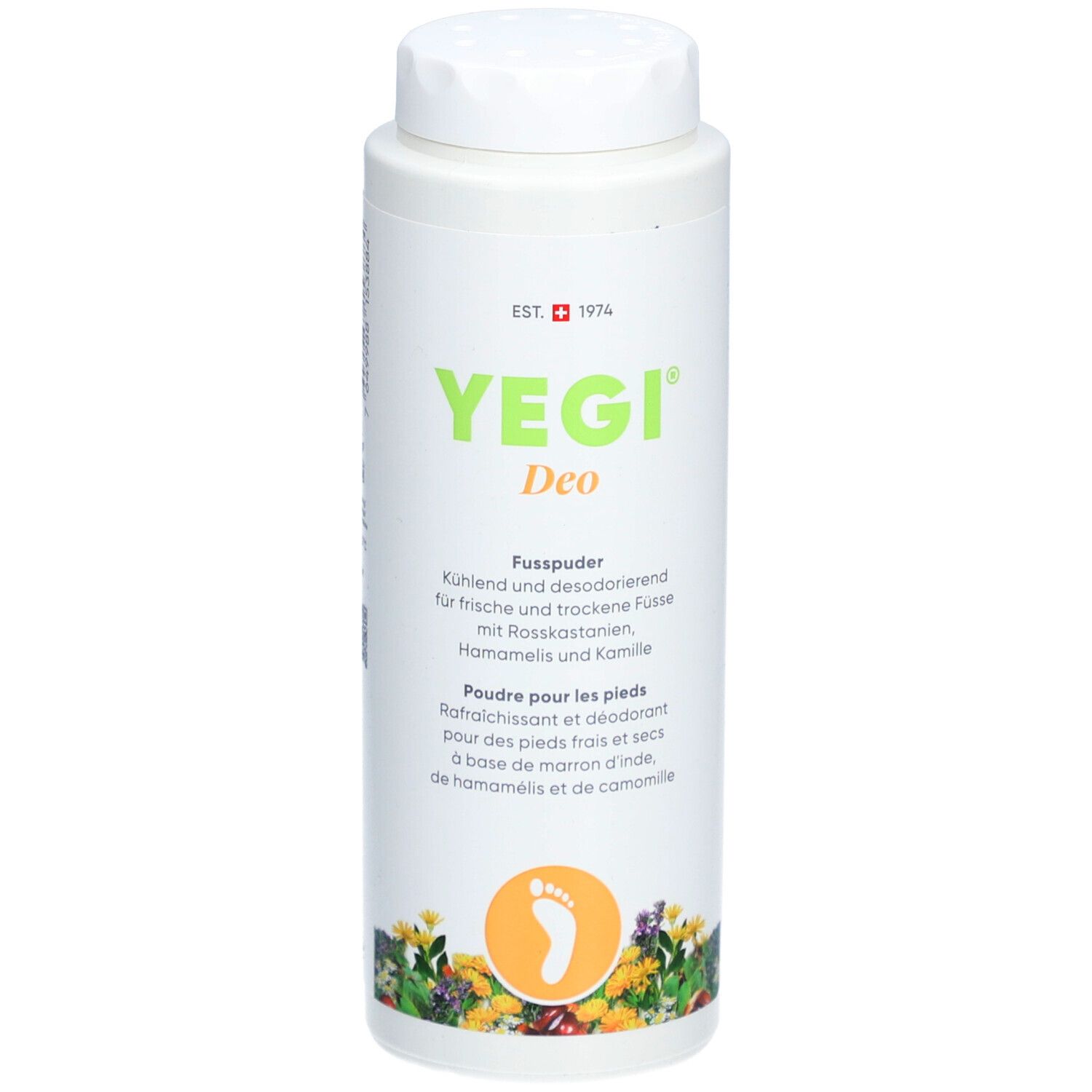 Weiße Dose mit YEGI Deo Fusspuder. Text: Kühlend und desodorierend. Fußabdruck-Symbol. Schweizer Kreuz.