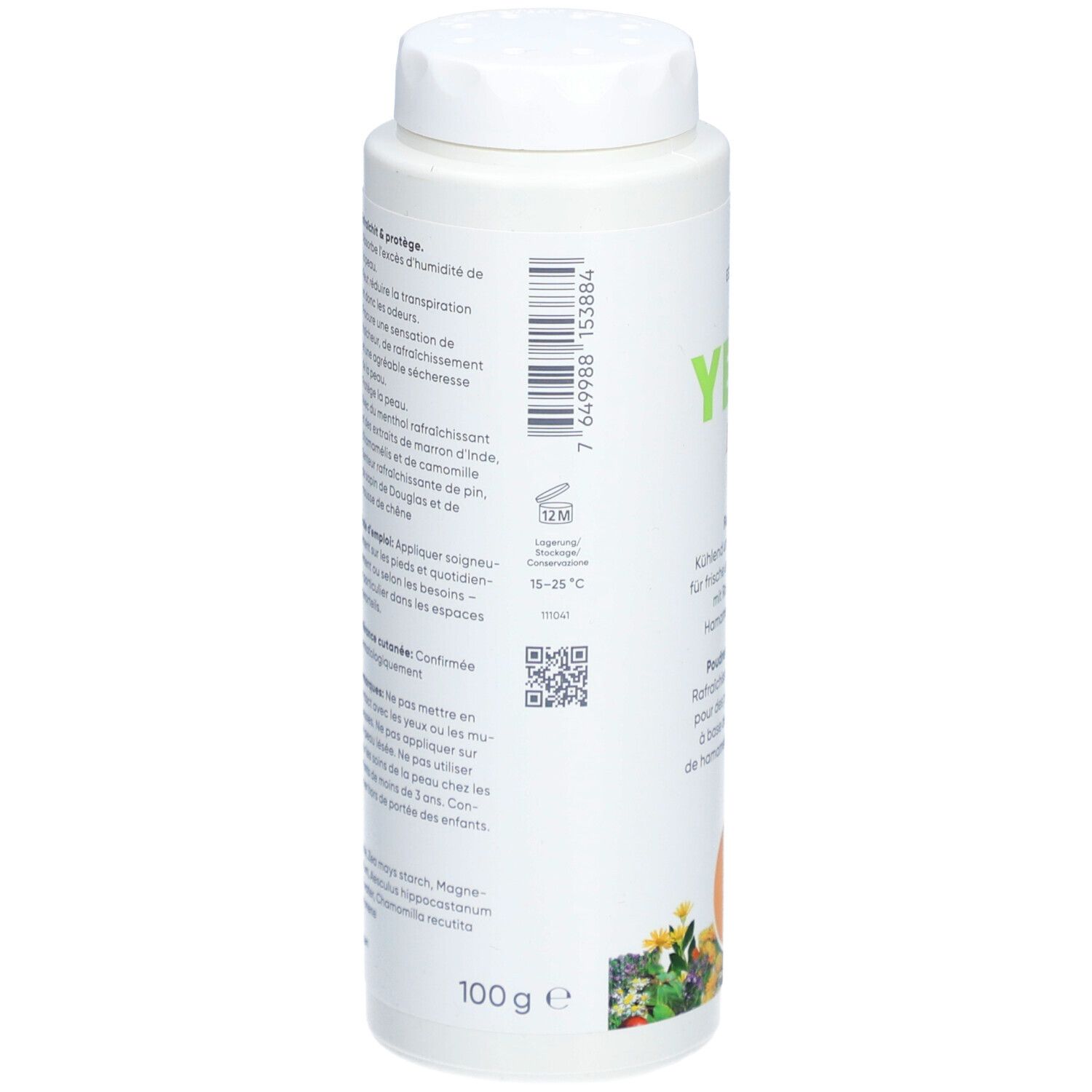 Weiße Dose YEGI Deo Fusspuder. Rückseite mit Text, Barcode, QR-Code, und 100g-Angabe. Schweizer Kreuz.