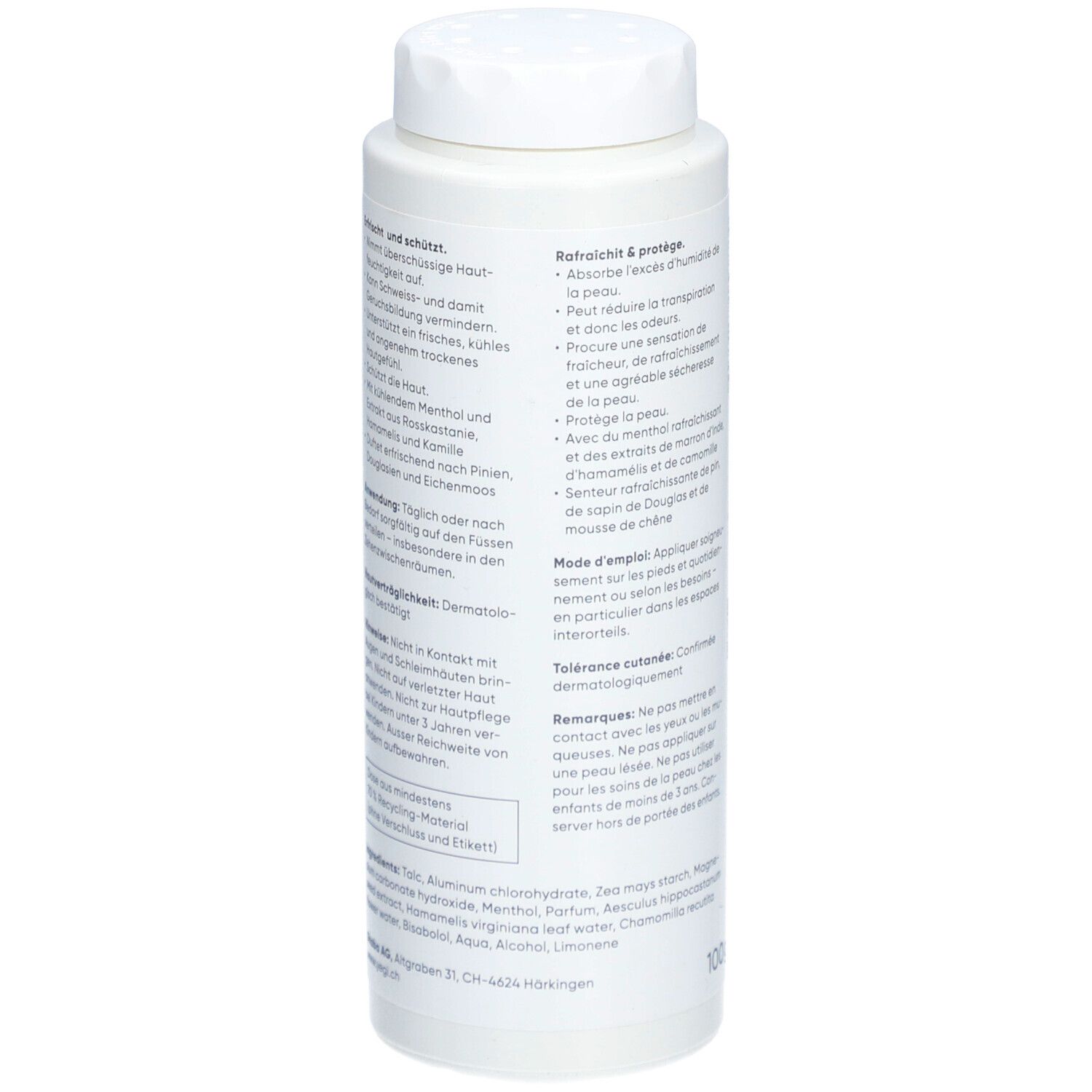 Weiße Dose YEGI Deo Fusspuder. Rückseite mit Text über Inhaltsstoffe und Anwendung. Dermatologisch getestet.