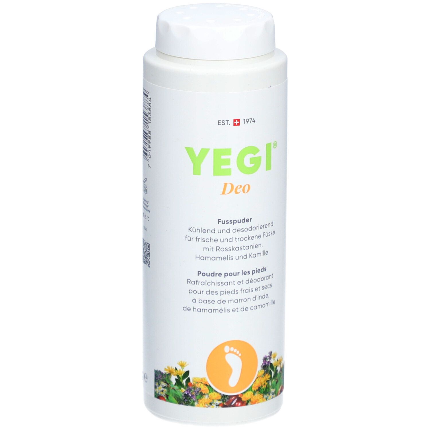 Weiße Dose YEGI Deo Fusspuder. Vorderseite mit Produktnamen, Text und Fußabdruck-Symbol. Schweizer Kreuz.