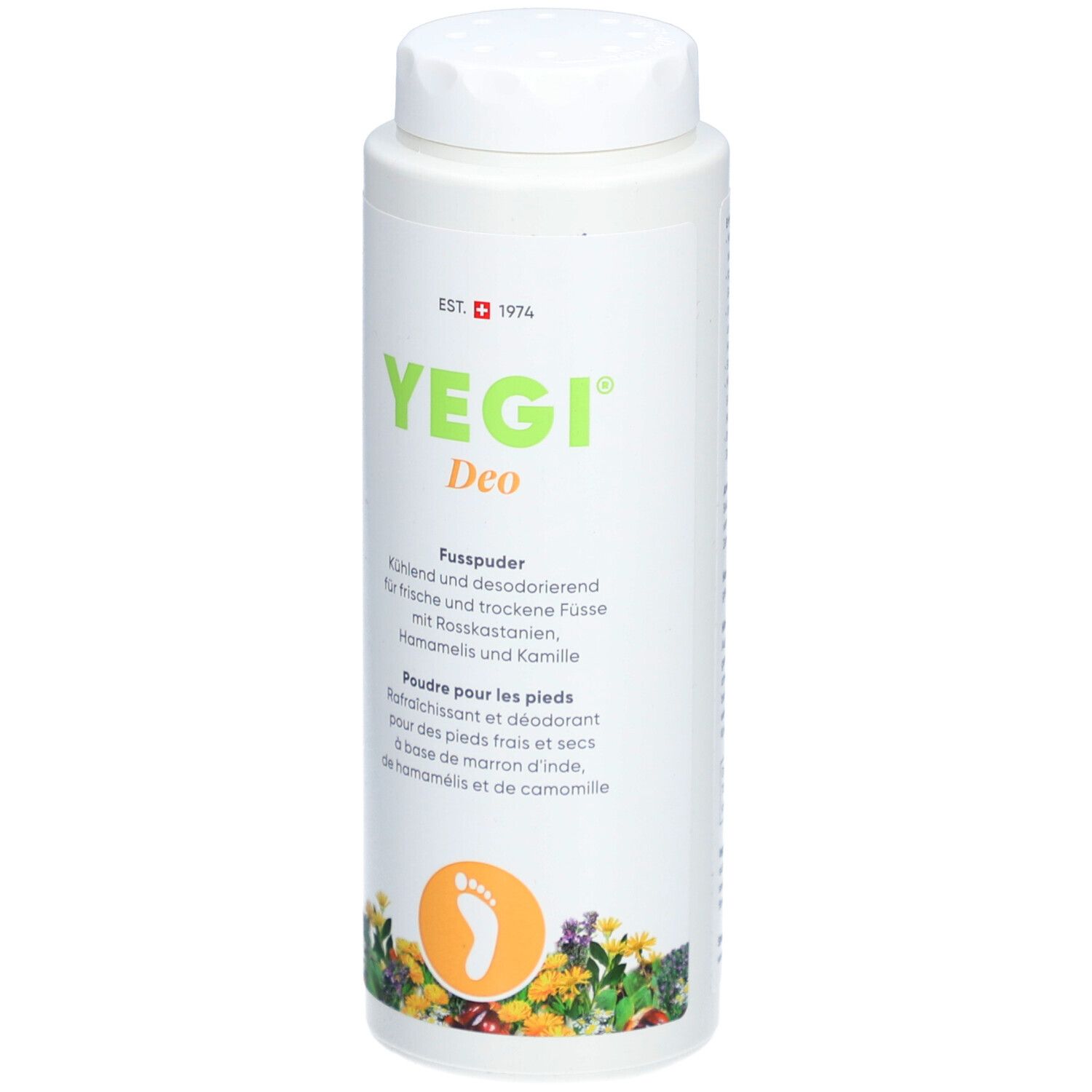 Weiße Dose YEGI Deo Fusspuder. Vorderseite mit Produktnamen, Text und Fußabdruck-Symbol. Schweizer Kreuz.