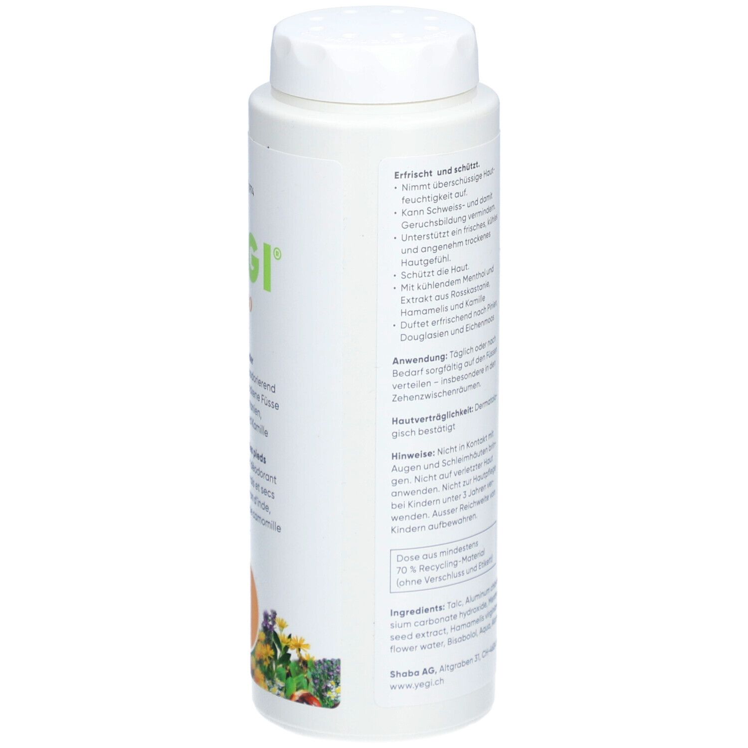 Weiße Dose YEGI Deo Fusspuder. Rückseite mit Text über Wirkung und Inhaltsstoffe. 10% Recycling-Symbol.