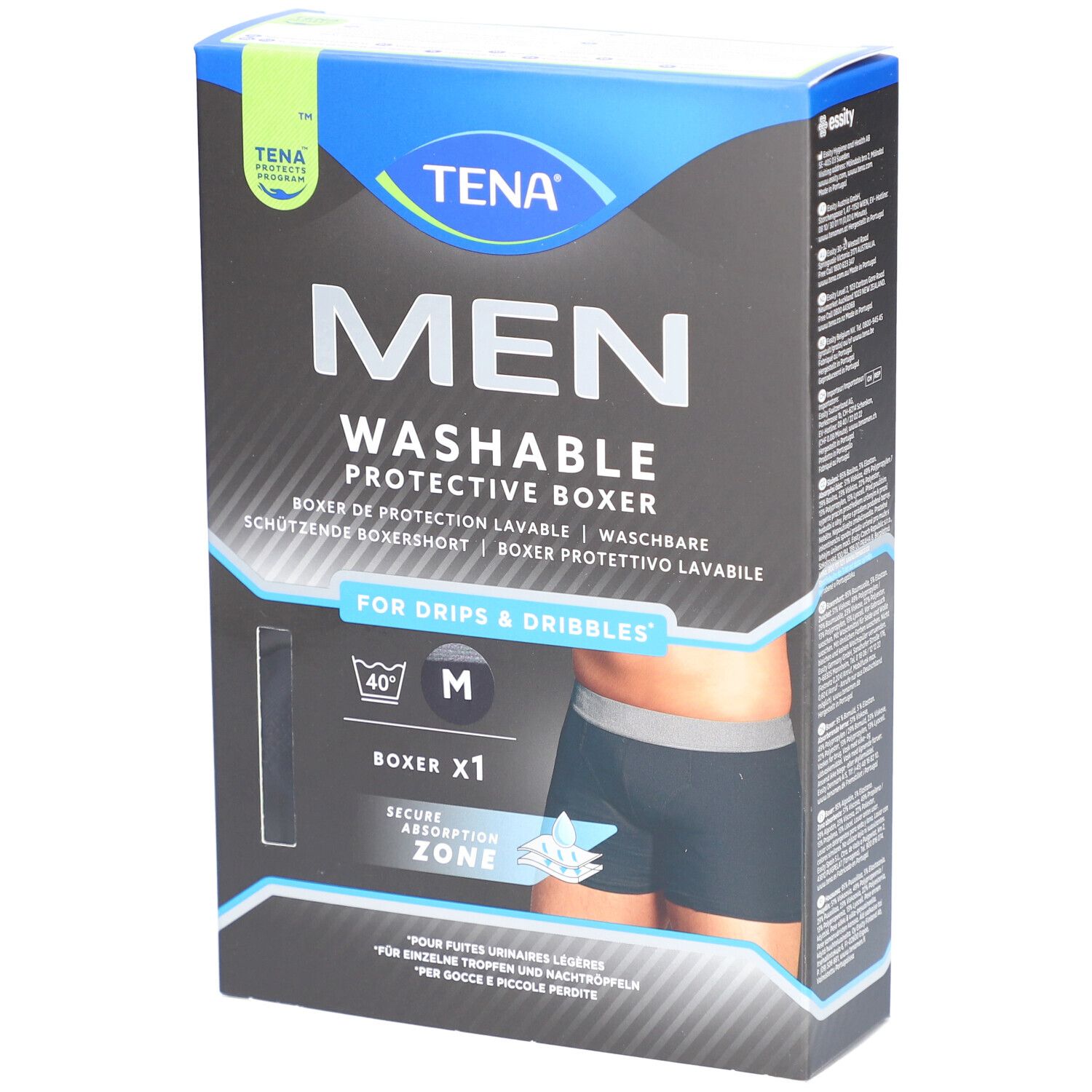 Box mit TENA Men waschbarer Inkontinenz-Boxershorts. Größe M. Schwarze Boxershorts abgebildet. Waschbar.