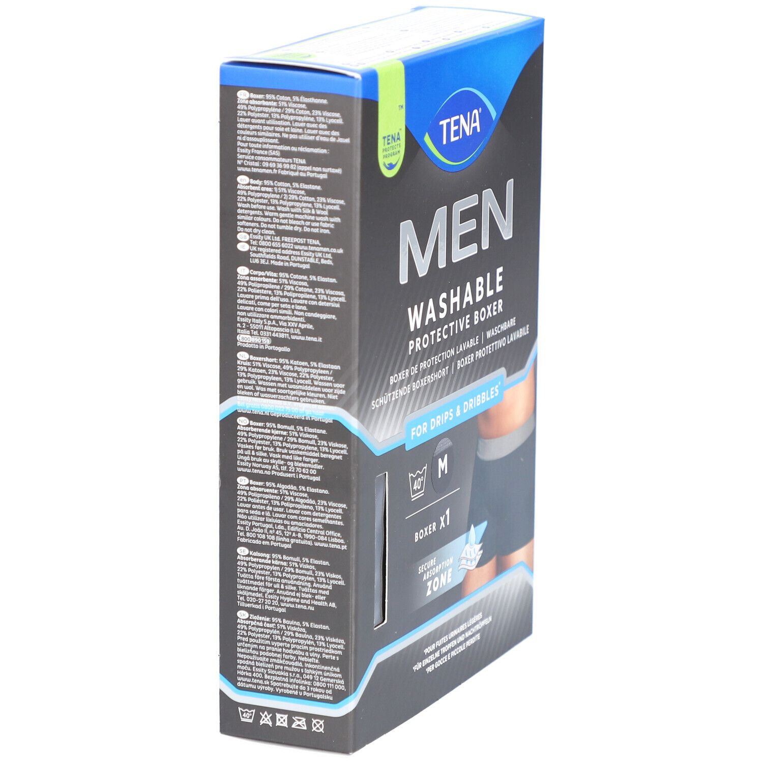 Box mit TENA Men waschbarer Inkontinenz-Boxershorts. Größe M. Seitenansicht mit Text und Produktabbildung.