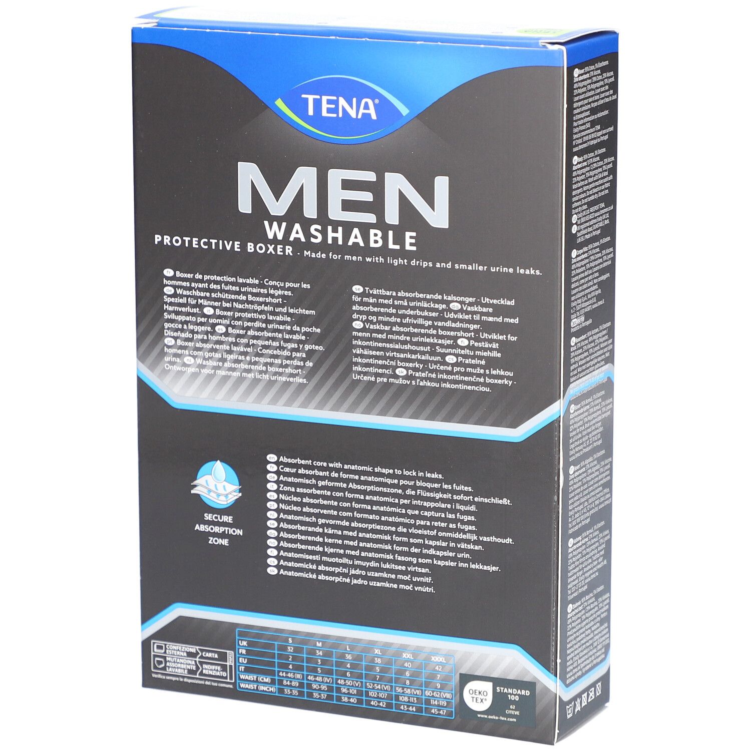 Rückseite der Box mit TENA Men waschbarer Inkontinenz-Boxershorts. Größe M. Text in mehreren Sprachen.