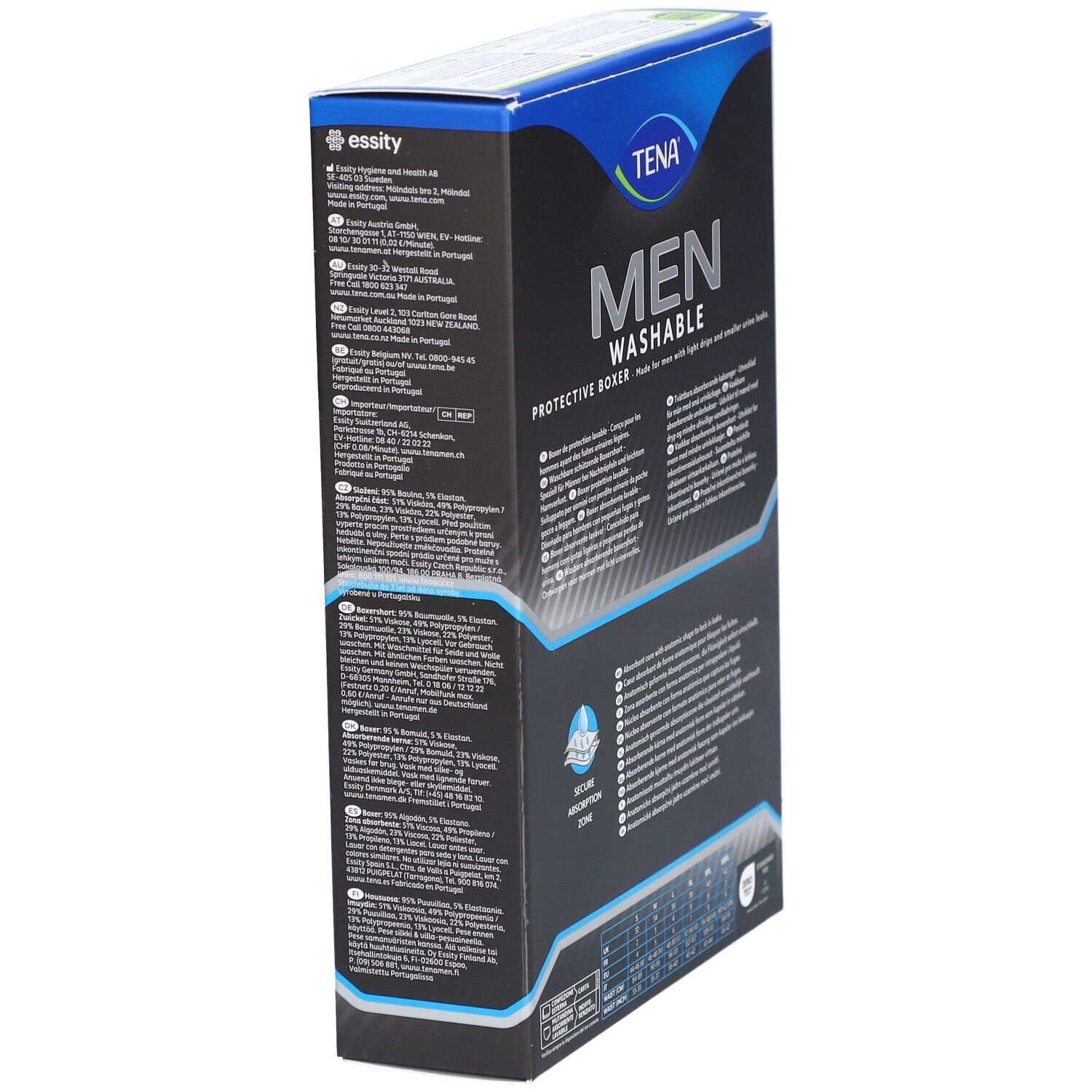 Box mit TENA Men waschbarer Inkontinenz-Boxershorts. Größe M. Seitenansicht mit Text und Logo.