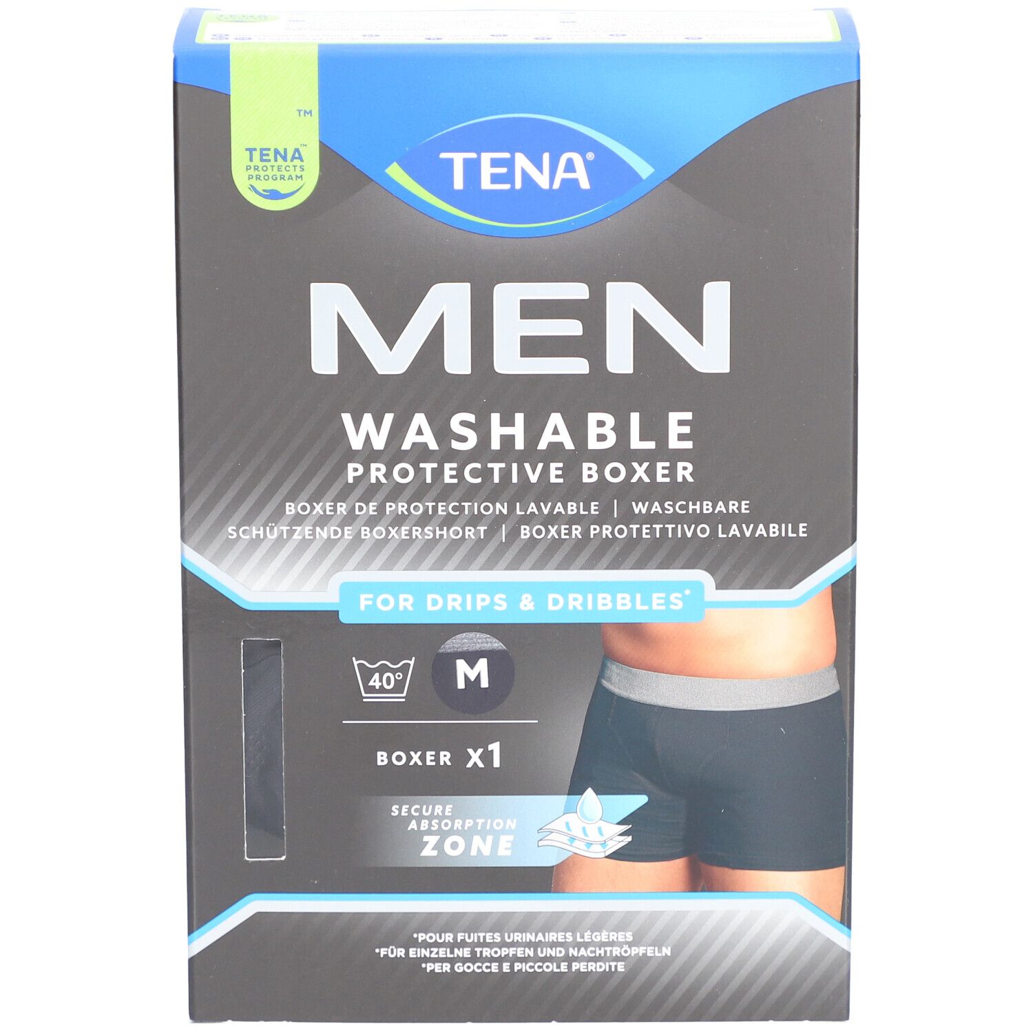 Box mit TENA Men waschbarer Inkontinenz-Boxershorts. Größe M. Schwarze Boxershorts abgebildet. Waschbar.