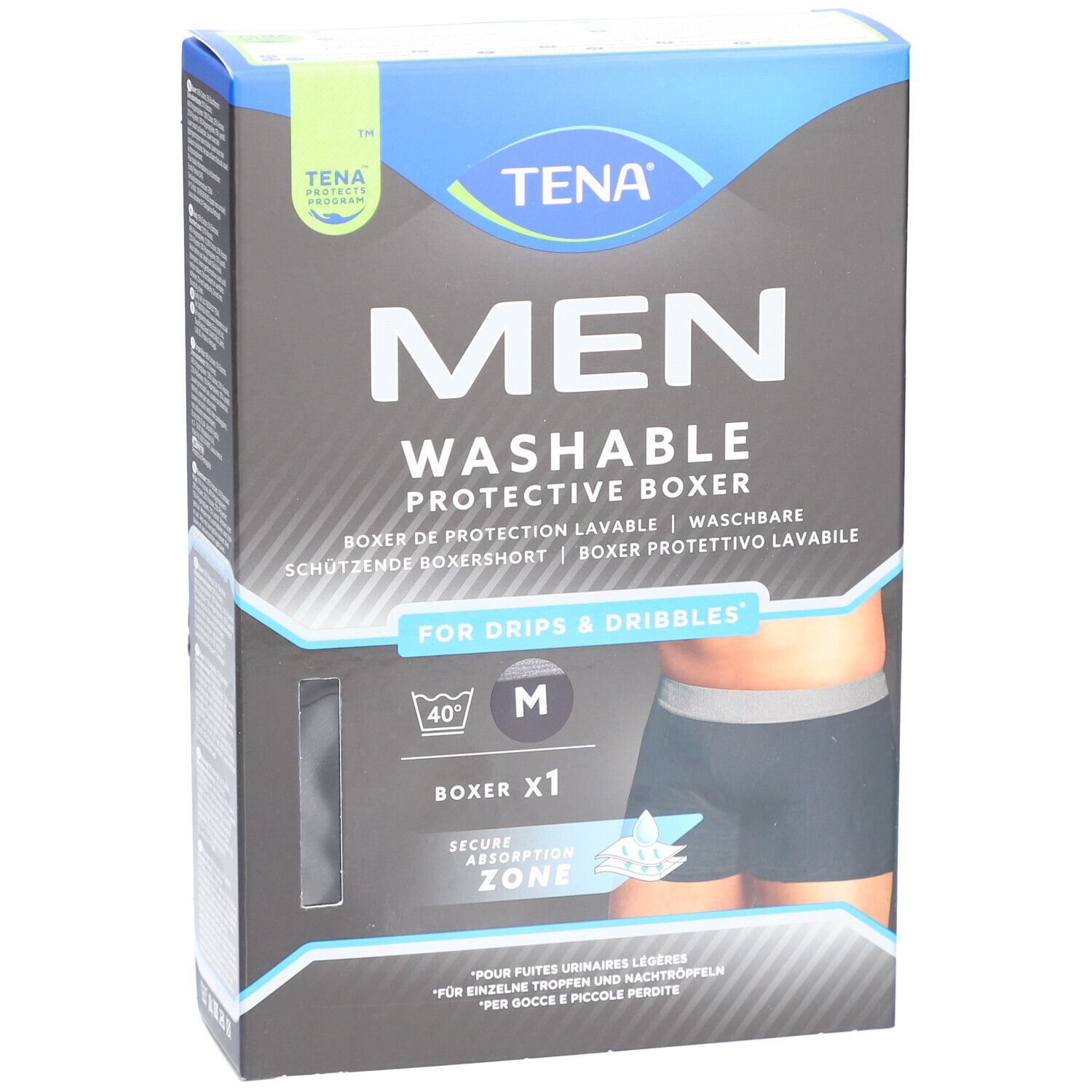 Box mit TENA Men waschbarer Inkontinenz-Boxershorts. Größe M. Schwarze Boxershorts abgebildet. Waschbar.