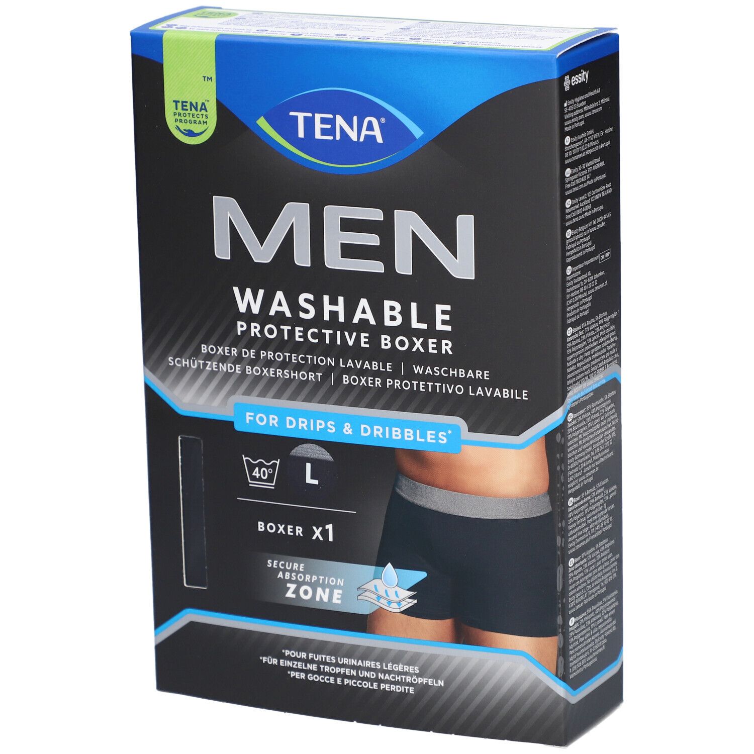 TENA Men waschbare Inkontinenz-Boxershorts, Größe L. Verpackung zeigt Produktabbildung. Waschbar, Schutz-Boxer für Tröpfchen.