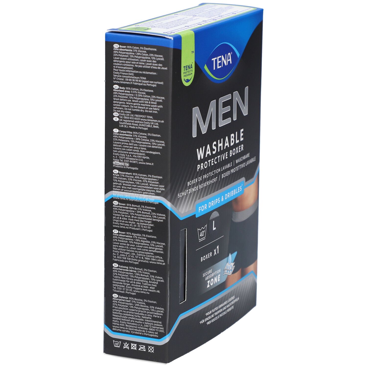 TENA Men waschbare Inkontinenz-Boxershorts, Größe L. Verpackung mit Text und Produktinformationen. Waschbar.