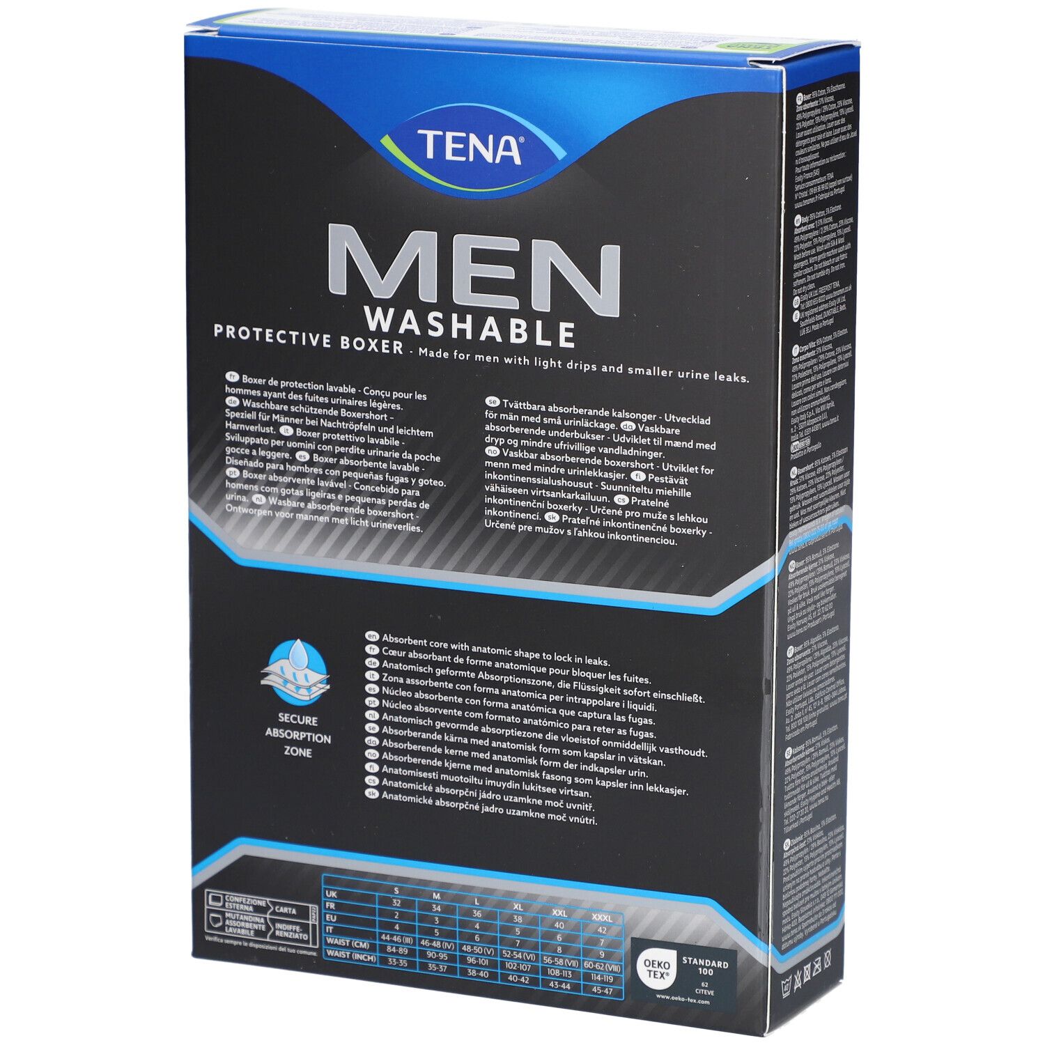 TENA Men waschbare Inkontinenz-Boxershorts, Größe L. Verpackung mit Text und Produktinformationen. Waschbar.