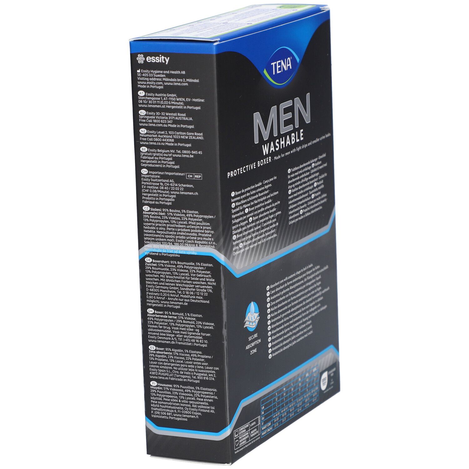 TENA Men waschbare Inkontinenz-Boxershorts, Größe L. Verpackung mit Text und Produktinformationen. Waschbar.
