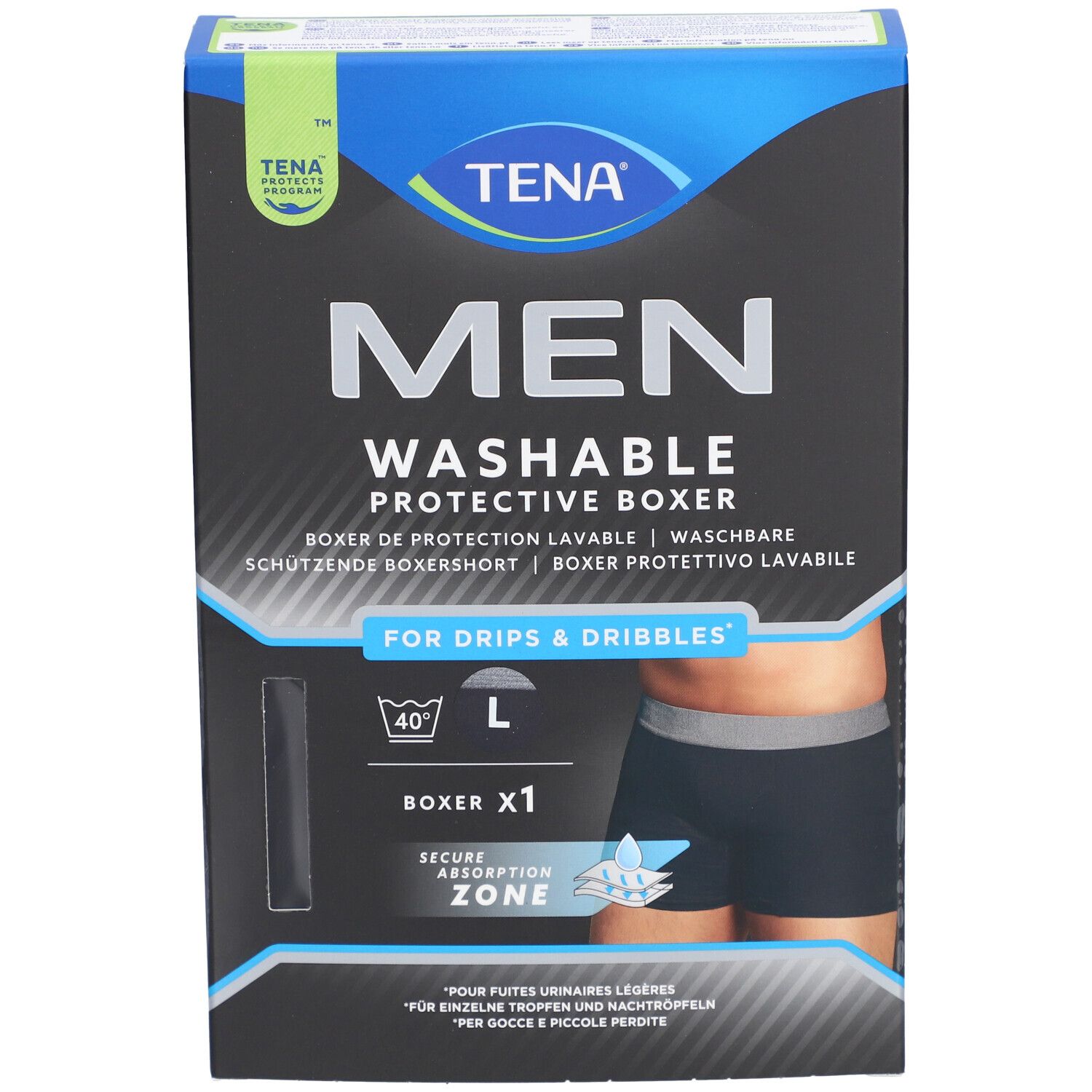 TENA Men waschbare Inkontinenz-Boxershorts, Größe L. Verpackung zeigt Produktabbildung. Waschbar, Schutz-Boxer für Tröpfchen.