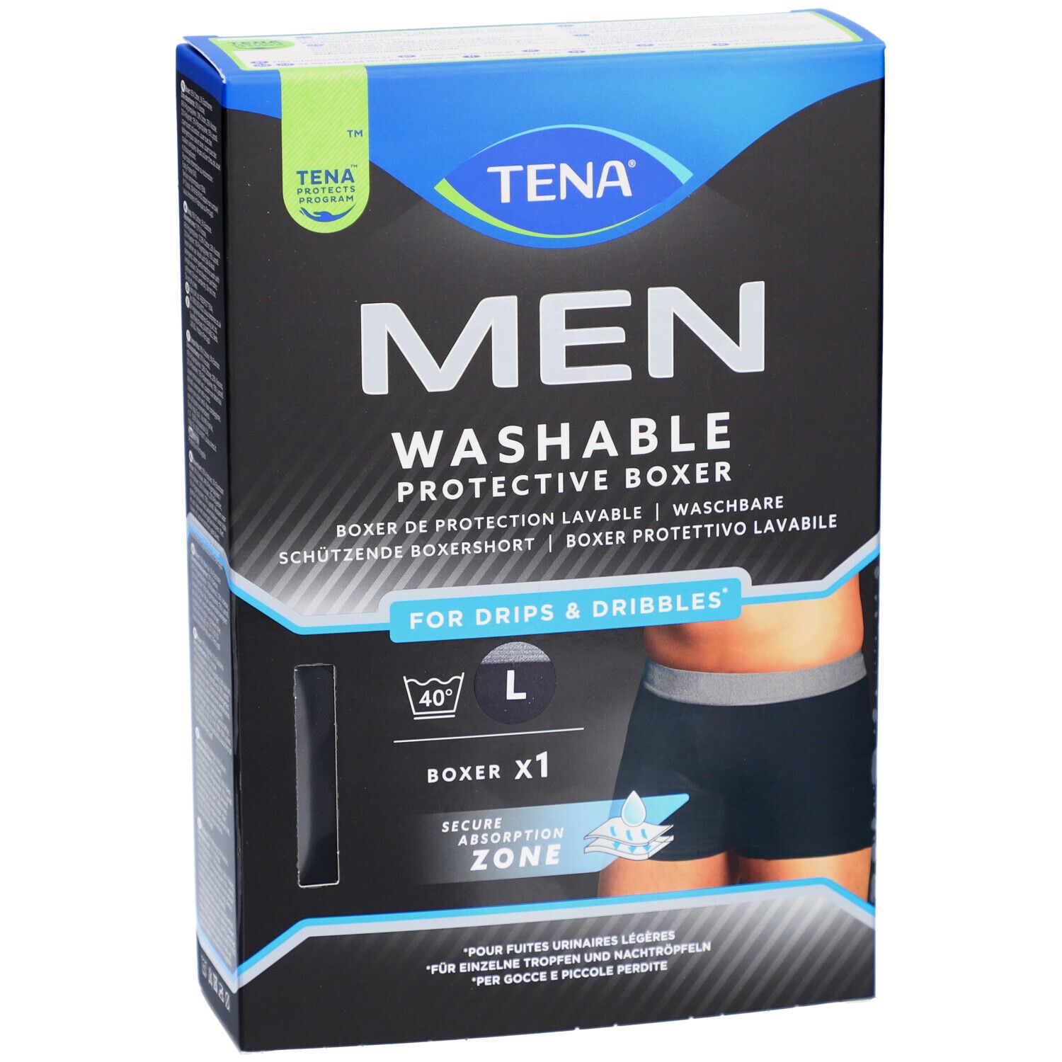 TENA Men waschbare Inkontinenz-Boxershorts, Größe L. Verpackung zeigt Produktabbildung. Waschbar, Schutz-Boxer für Tröpfchen.