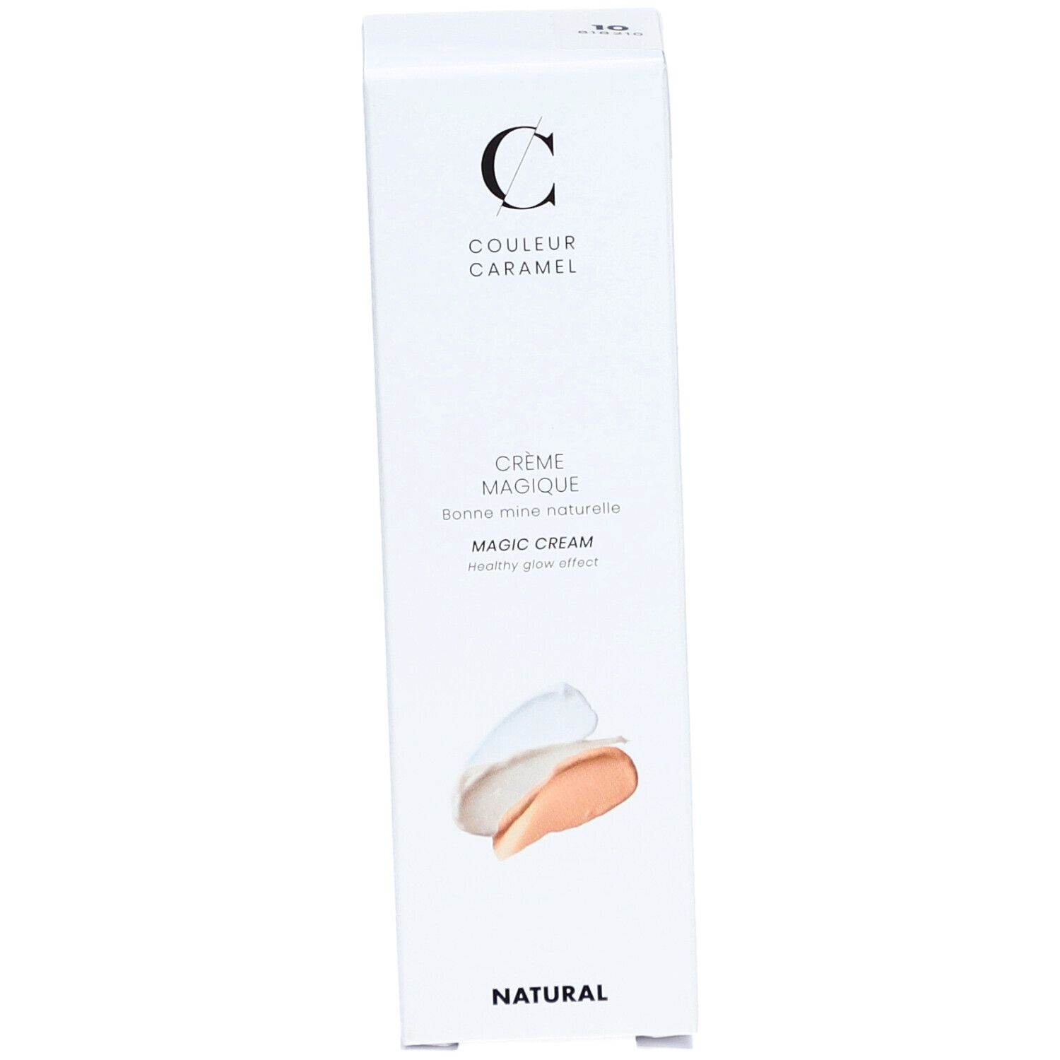 Boîte blanche avec nom du produit et échantillons de couleurs. Logo et texte COULEUR CARAMEL. Texte: CRÈME MAGIQUE.