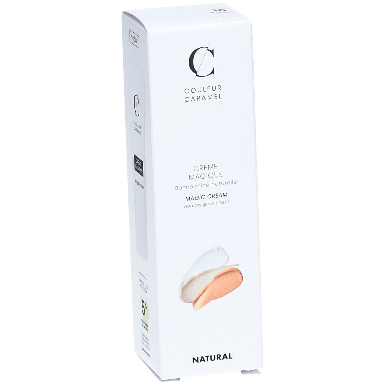 Boîte blanche avec nom du produit et échantillons de couleurs. Logo et texte COULEUR CARAMEL. Texte: CRÈME MAGIQUE.