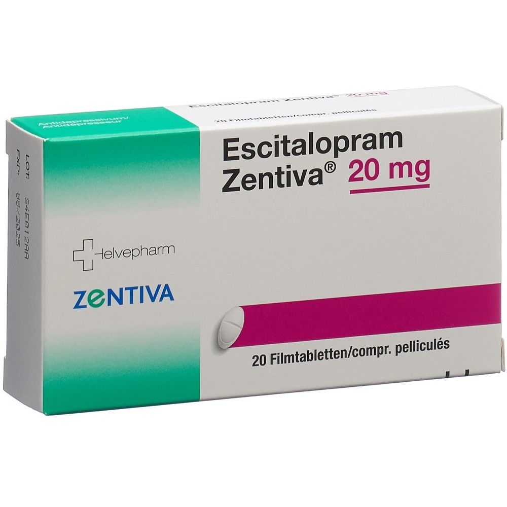 Verpackung von Escitalopram Zentiva 20 mg Filmtabletten. Aufschrift: Zentiva, 20 mg, 20 Filmtabletten. Grün-weiße Schachtel mit Logo.
