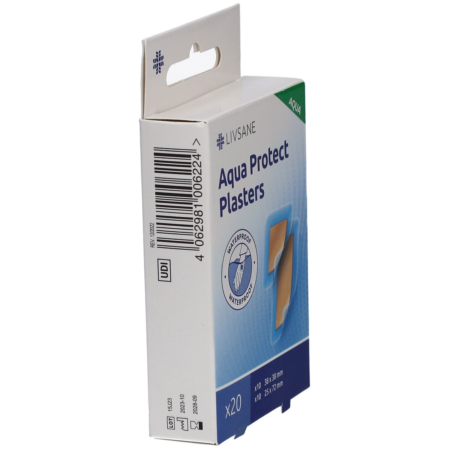 Seitenansicht der Verpackung. LIVSANE Aqua Protect Pflaster. Barcode und UDI-Code. 20 Stück. Größen.