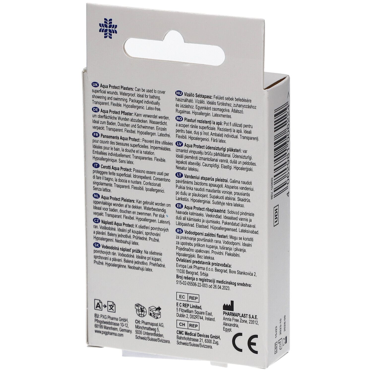 Rückseite der Verpackung. Text in mehreren Sprachen. Informationen zu LIVSANE Aqua Protect Pflastern.