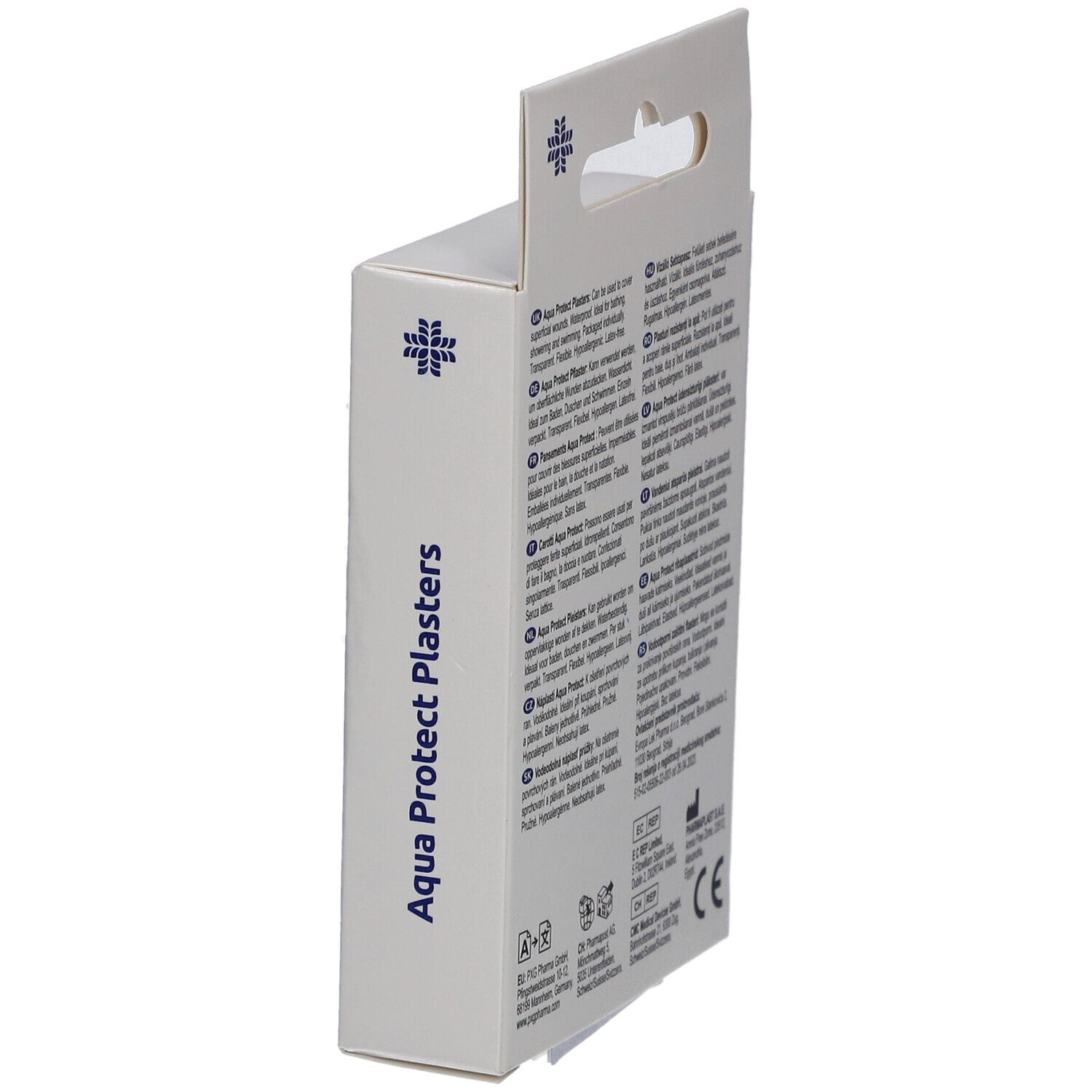Seitenansicht der Verpackung. LIVSANE Aqua Protect Pflaster. Text in mehreren Sprachen.