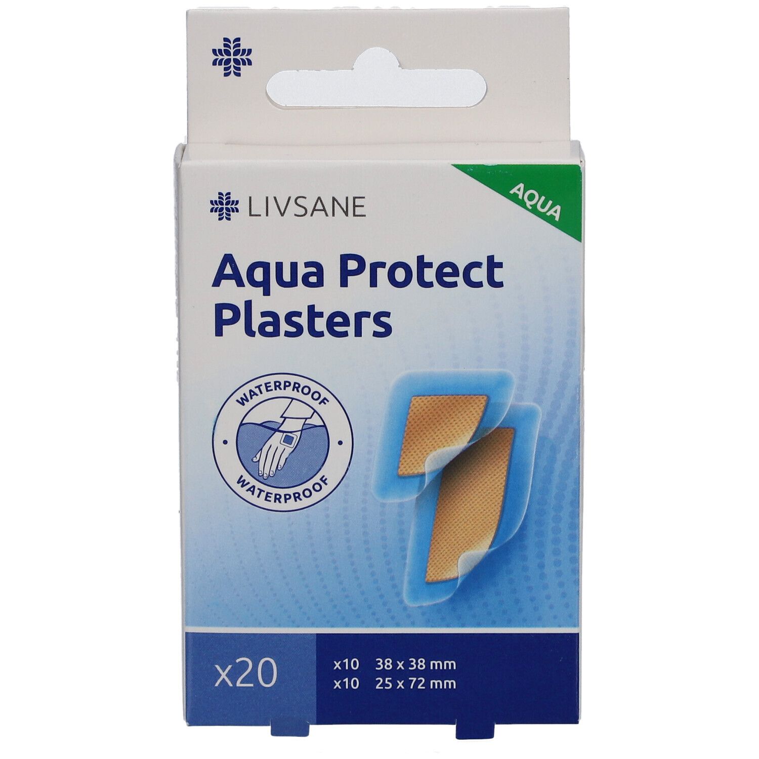 Verpackung mit Pflastern. LIVSANE Aqua Protect Pflaster. 20 Stück. Größen: 38x38mm und 25x72mm. Wasserdicht.