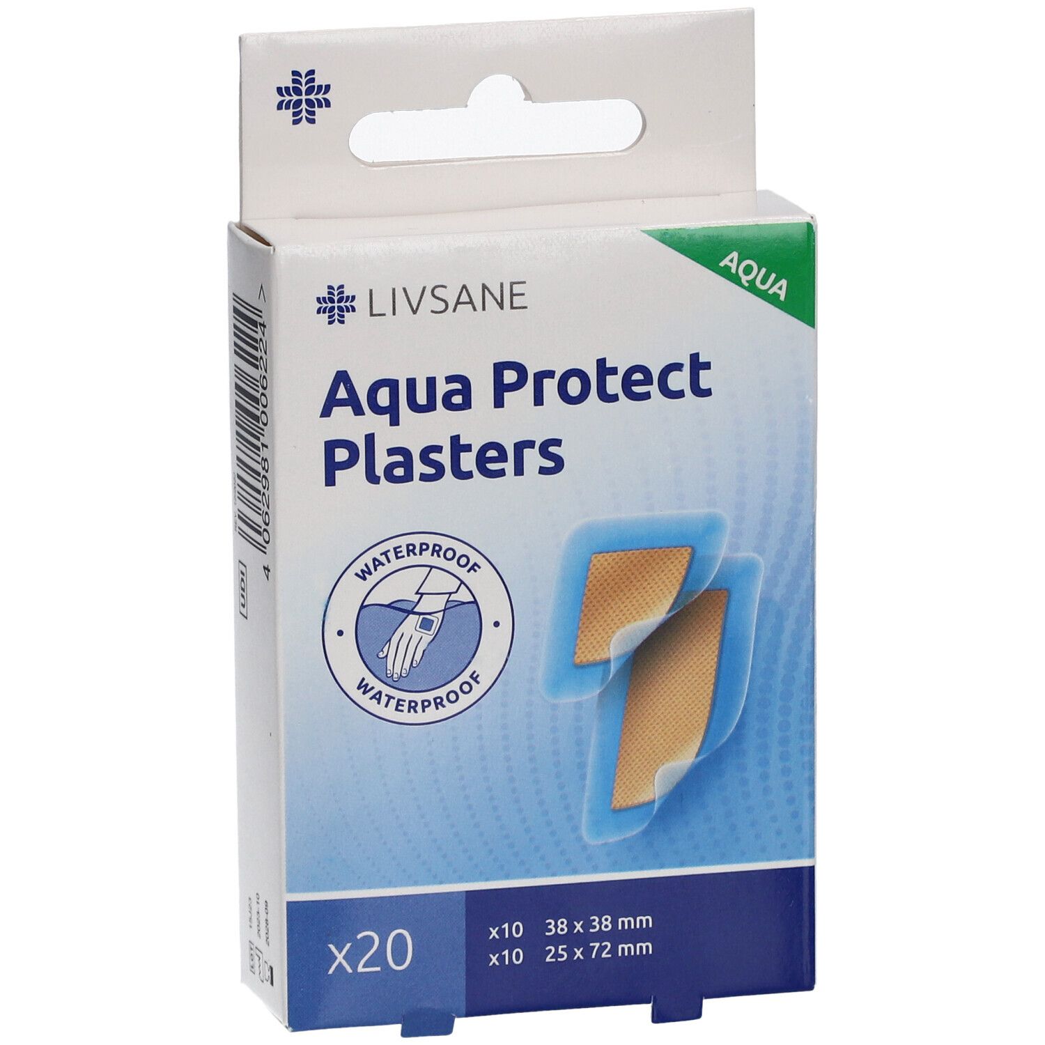 Verpackung mit Pflastern. LIVSANE Aqua Protect Pflaster. 20 Stück. Größen: 38x38mm und 25x72mm. Wasserdicht.