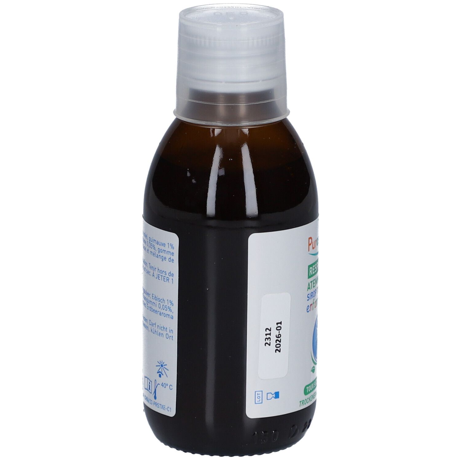 Braune Flasche mit weißem Deckel. Etikett mit Produktinformationen. Text in mehreren Sprachen.