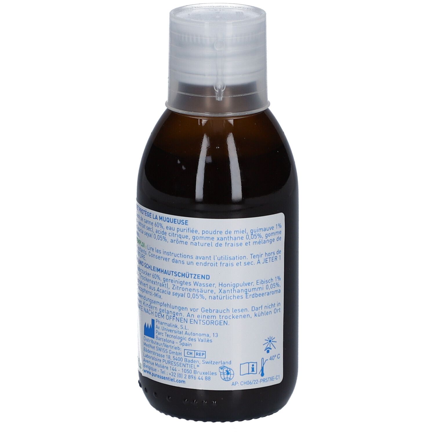 Braune Flasche mit weißem Deckel. Rückseite mit Produktinformationen und Inhaltsstoffen. Text in mehreren Sprachen.