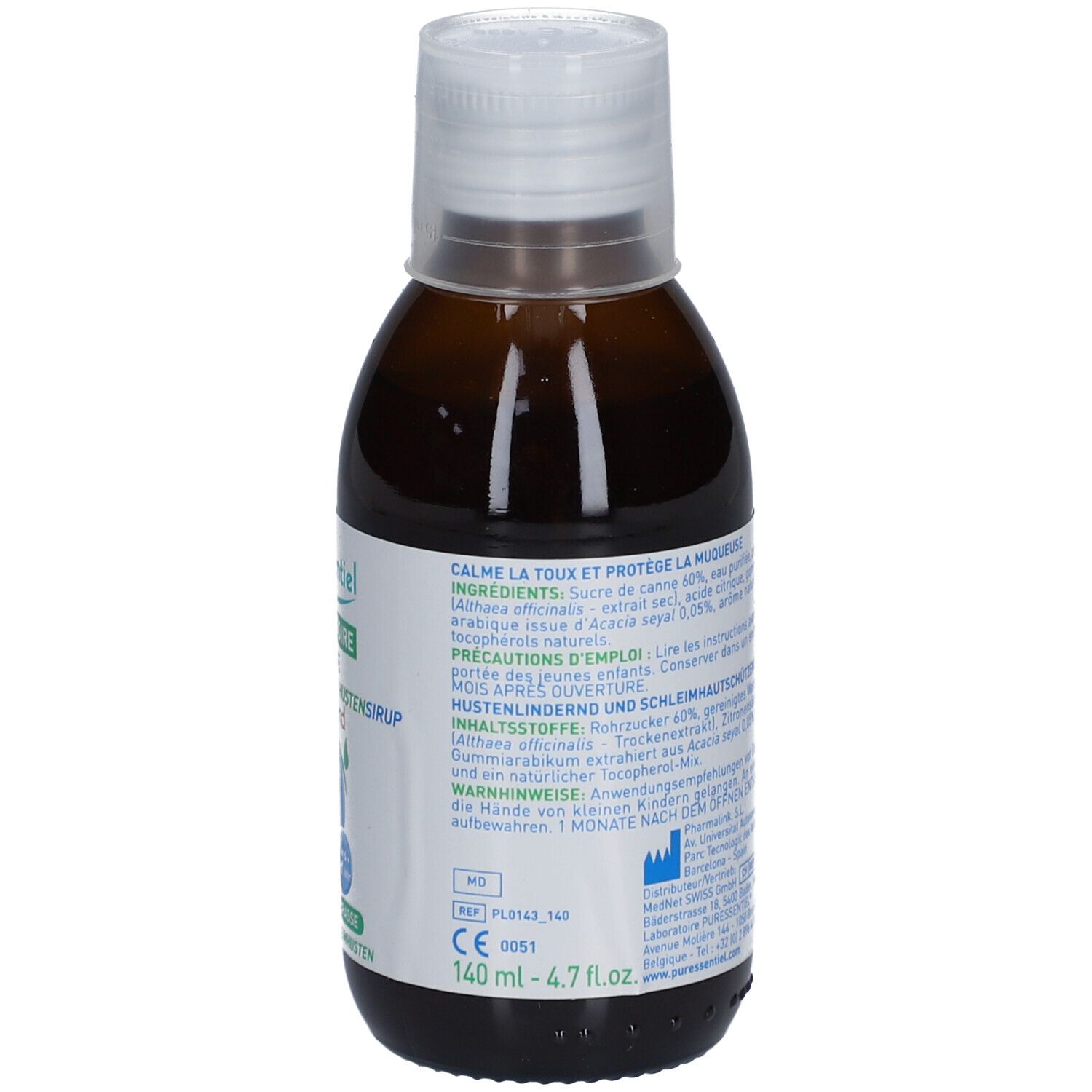 Braune Flasche mit weißem Deckel. Rückseite mit Produktinformationen und Inhaltsstoffen. Text in mehreren Sprachen.