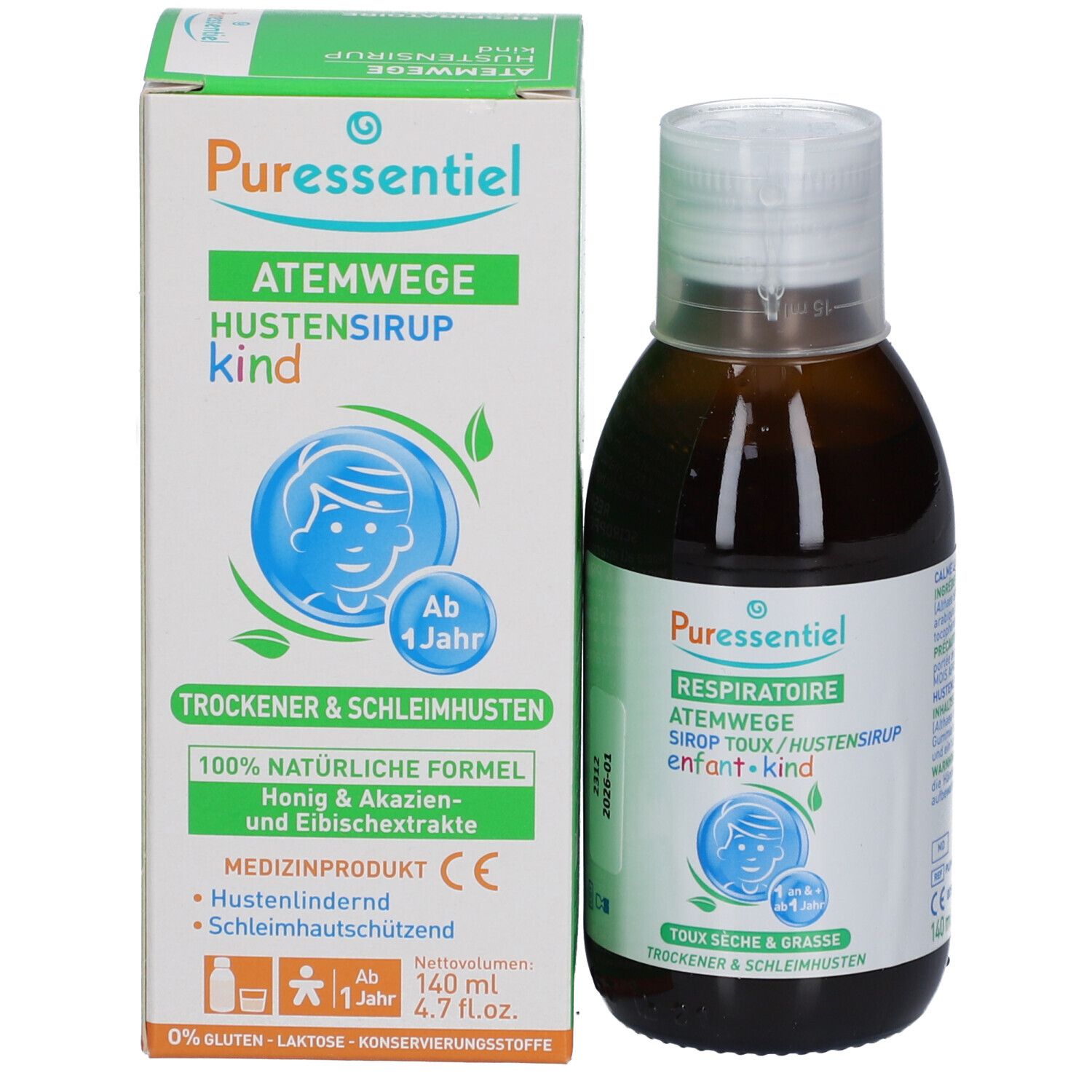 Produktflasche und Verpackung. Flasche braun, Deckel weiß. Verpackung weiß mit grünem Akzent.