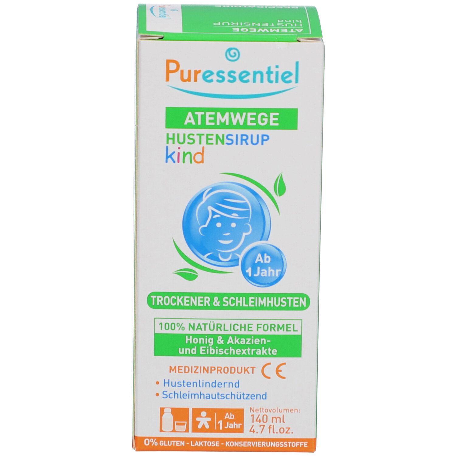 Produktverpackung. Weiß mit grünem Akzent. Produktname und Logo sichtbar.