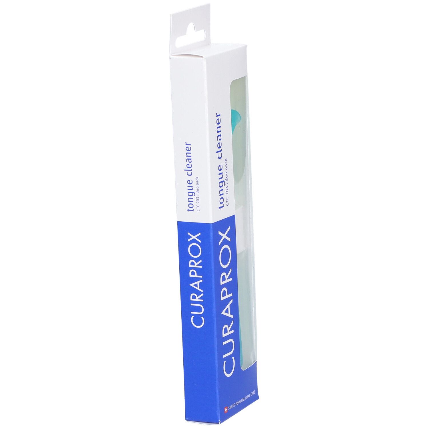 Verpackung des Zungenschabers Duo. Weiß mit blauem Streifen, Produktname und Logo.