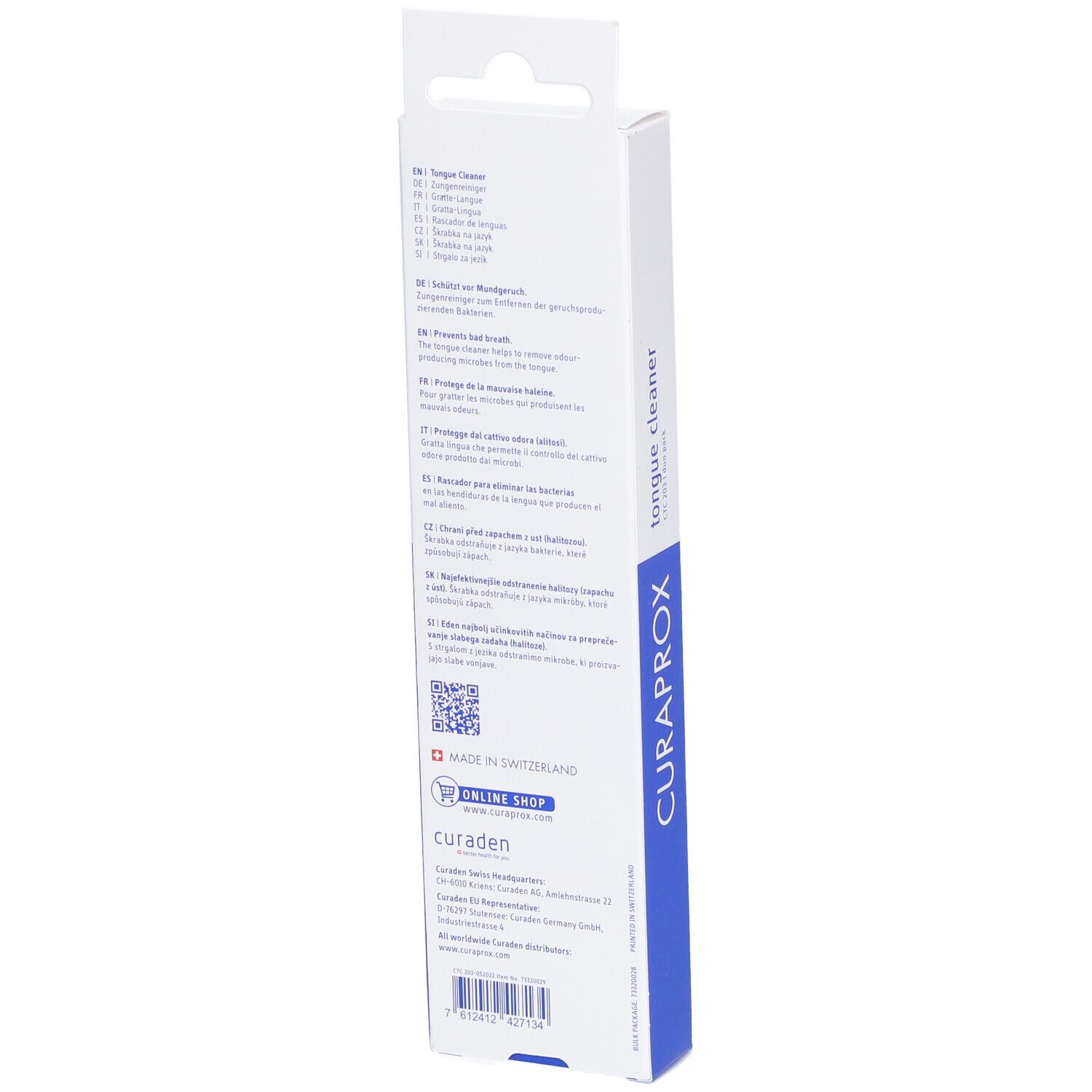 Rückseite der Verpackung des Zungenschabers Duo. Text in mehreren Sprachen, Logo und QR-Code.