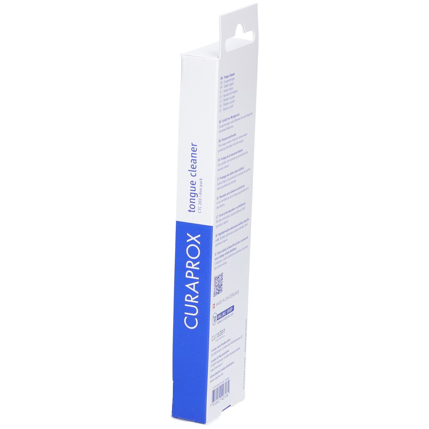 Rückseite der Verpackung des Zungenschabers Duo. Text in mehreren Sprachen, Logo und QR-Code.