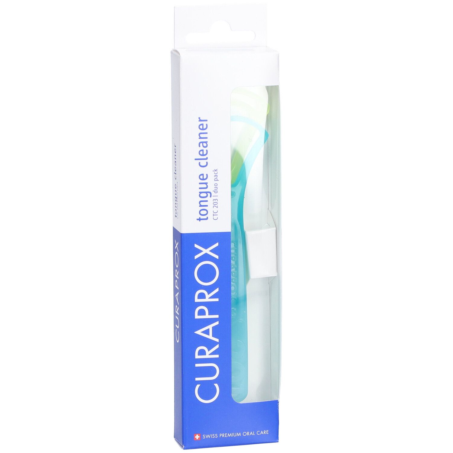Zungenschaber Duo in Verpackung. Blau-türkis, weißes Gehäuse mit Produktnamen und Logo.