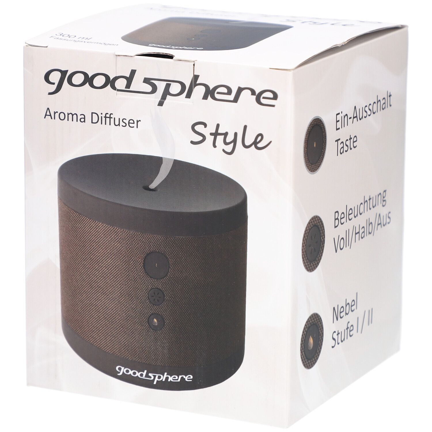 Diffuseur d'arômes dans une boîte. Sur la boîte : goodSphere, Style, bouton marche/arrêt, éclairage, niveau de brume. Produit marron et noir.