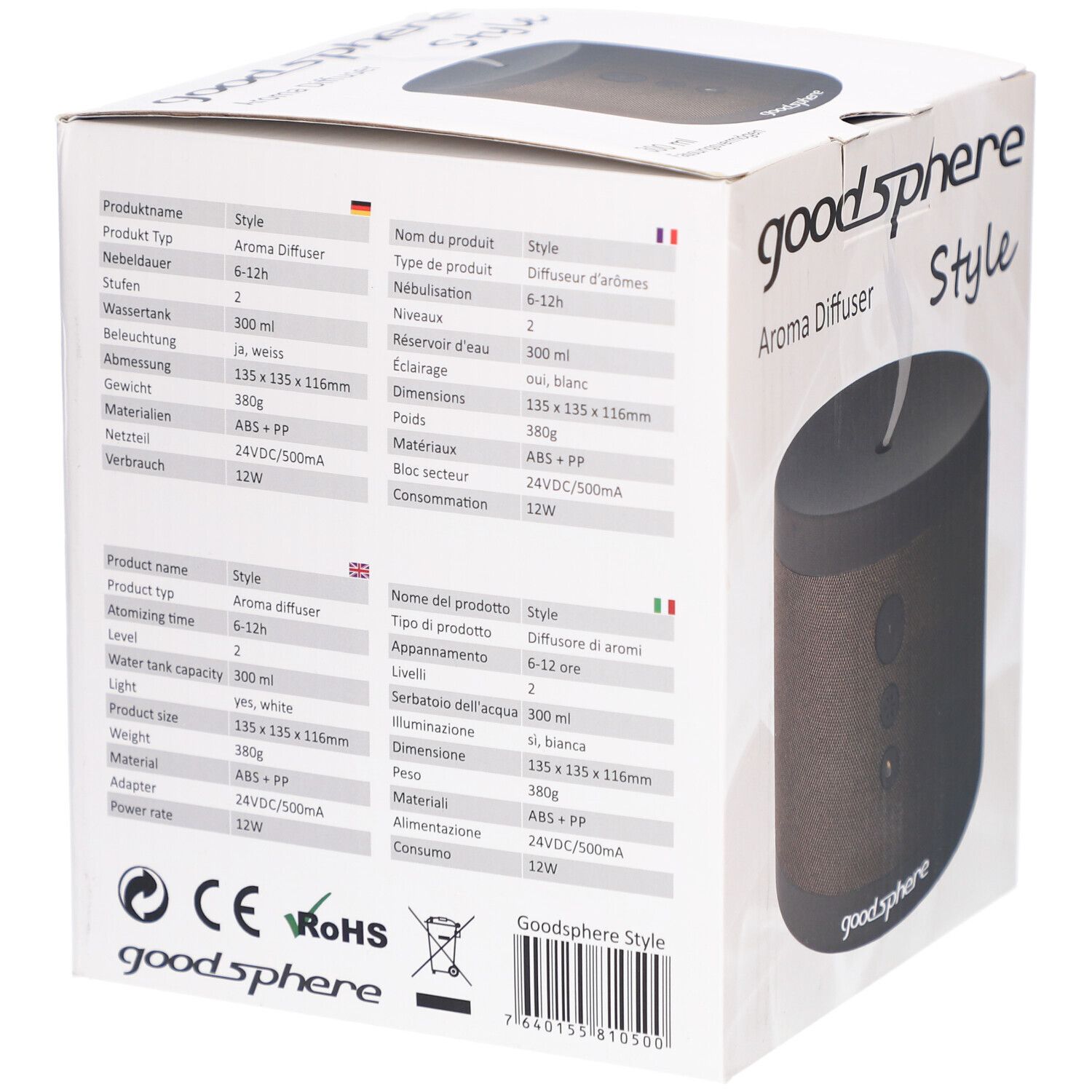 Dos de l'emballage du produit. Informations produit multilingues : goodSphere, Aroma Diffuser, spécifications techniques, marquage CE, RoHS.