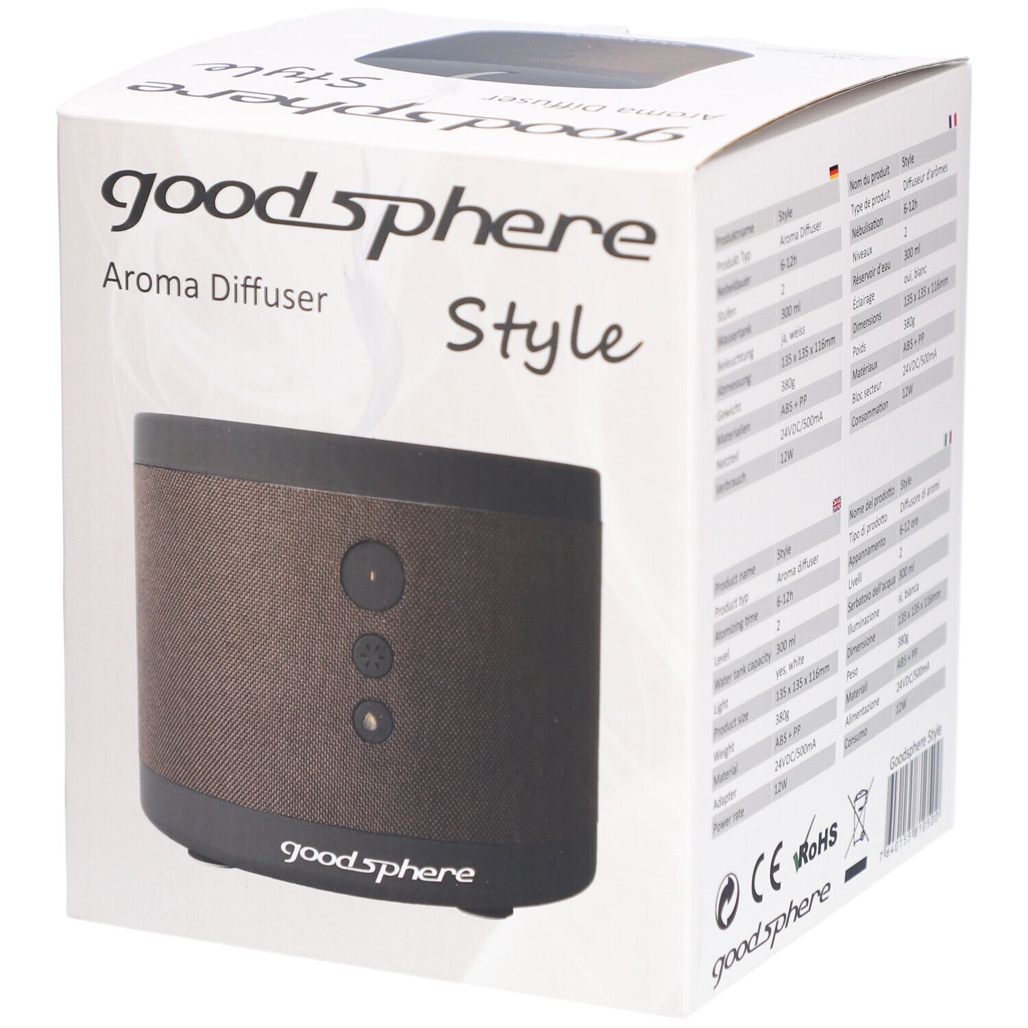 Emballage du produit avec diffuseur d'arômes. Sur la boîte : goodSphere, Style. Produit marron et noir. Spécifications techniques sur le côté.