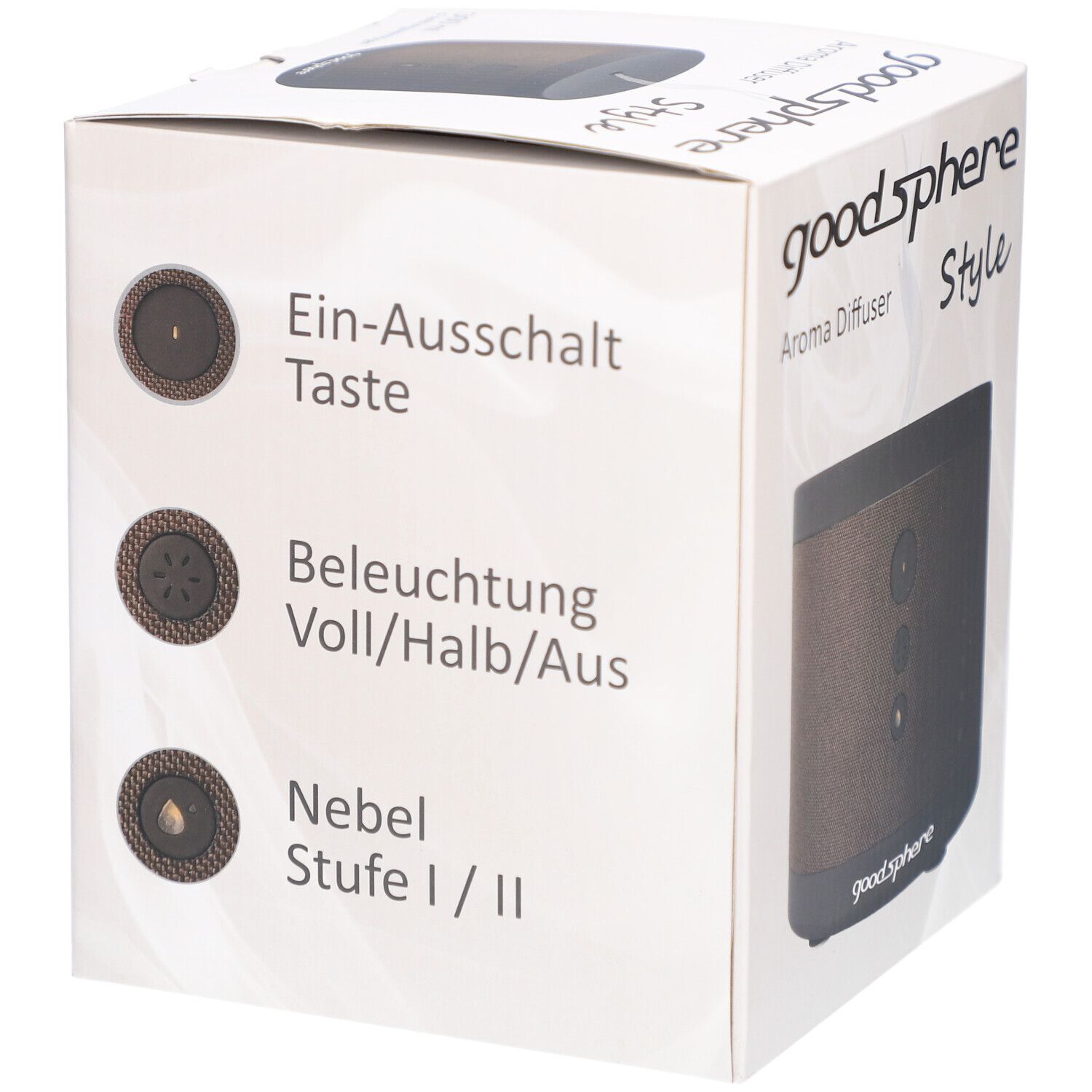 Emballage du produit avec diffuseur d'arômes. Sur la boîte : goodSphere, Style, bouton marche/arrêt, éclairage, niveau de brume. Produit marron et noir.