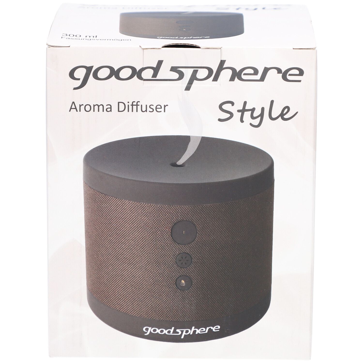 Diffuseur d'arômes dans une boîte. Sur la boîte : goodSphere, Style. Produit marron et gris. Dessus avec ouverture.